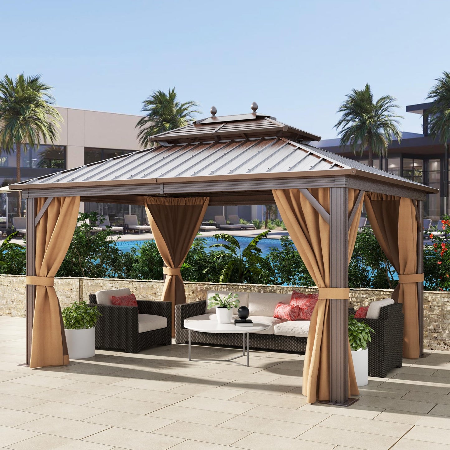DWVO 10x12ft Hardtop Gazebo Heavy Duty Double Roof Galvanized Steel Outdoor with Nettings and Curtains, Combined of Horizontal Vertical Stripes Roof for Patio, Backyard, Deck, Lawn, Bronze