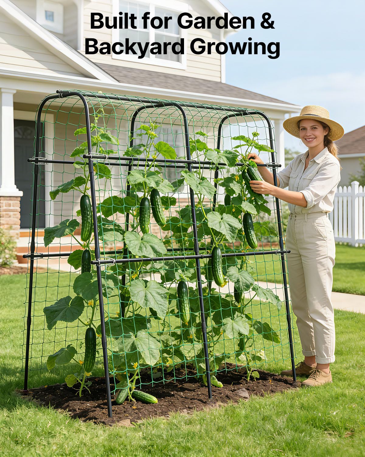 Suteck Cucumber Trellis for Raised Bed – 63" Tall Arch U-Shaped Metal Garden Trellis for Climbing Vegetables, Easy Assembly Plant Support for Home Gardeners