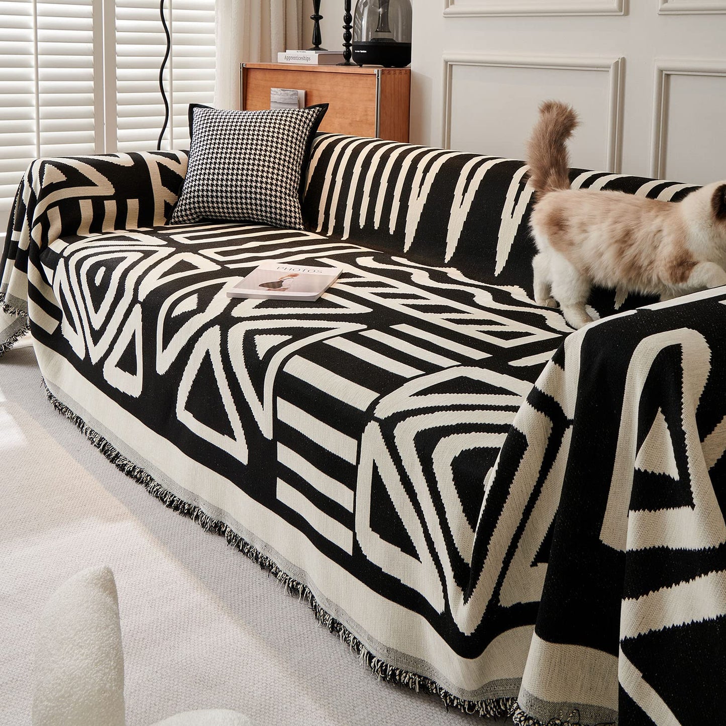 VClife Boho Couch Cover for Dog, Soft Cooling Sofa Cover for Sectional L Shape, Breathable Fabric Furniture Protector for Pet, Reversible White and Black Checkered Plaid Sofa Slip Cover Futon Cover