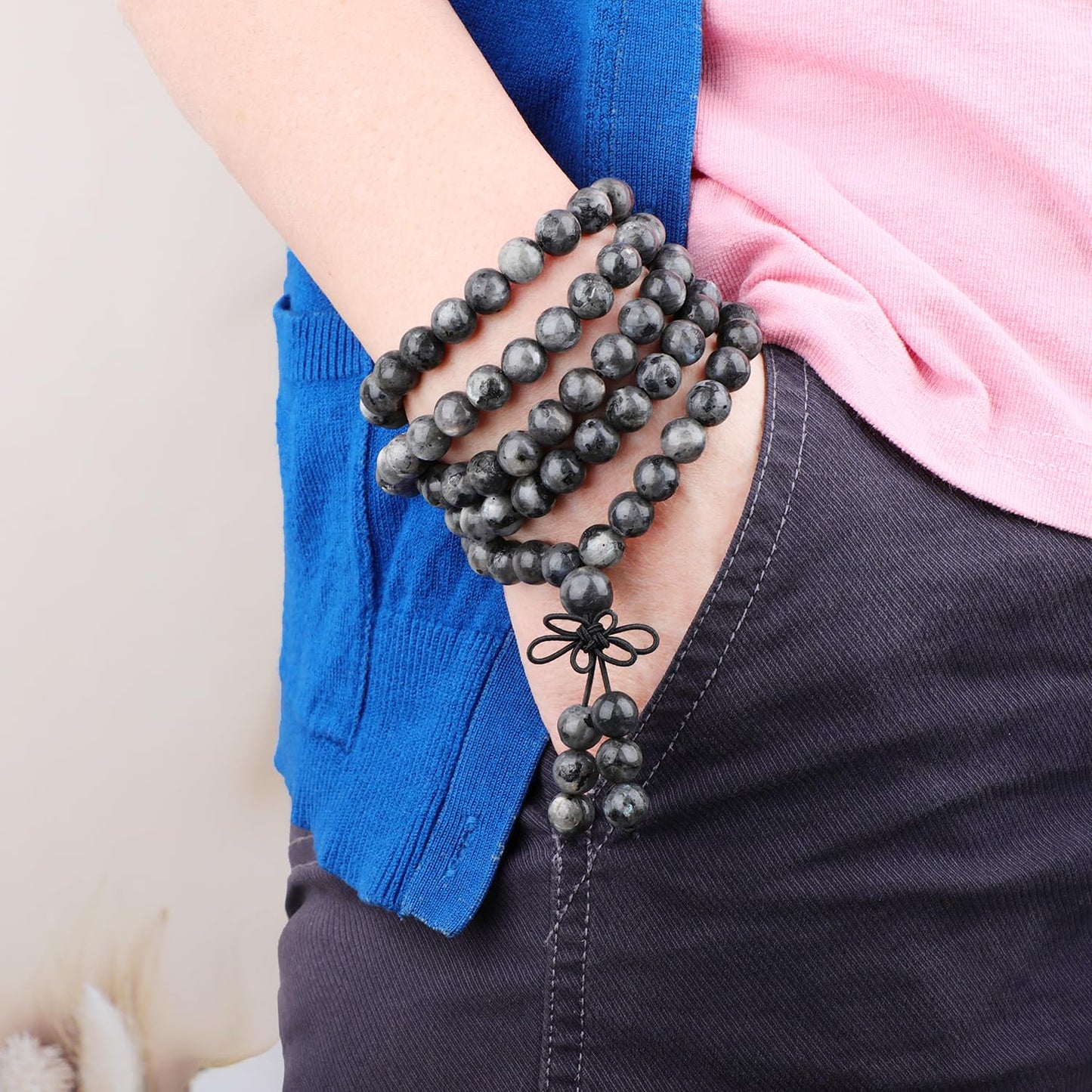 AD Beads 8mm 108 Prayer Mala Larvikite Labradorite Elastic Bracelet - Balance - Handmade Yoga Meditation Healing Power Energy Gifts for Unisex Adult.