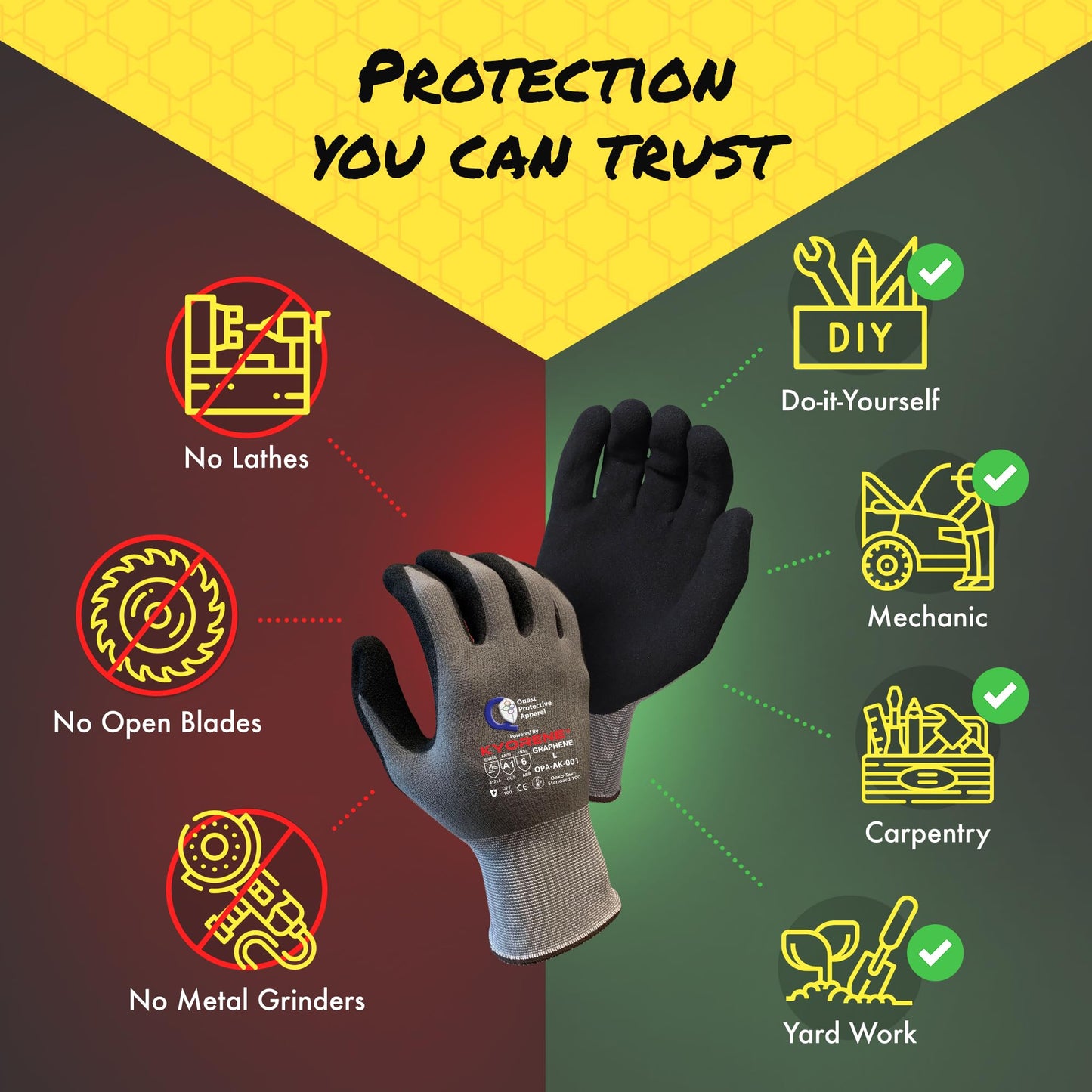 Quest Protective Apparel Cut Resistant Work Gloves (ANSI A1) – Lightweight Graphene Gloves for Gardening, DIY, Mechanical & General Handling – Breathable Grip Gloves for Men & Women – Large, Pack of 1