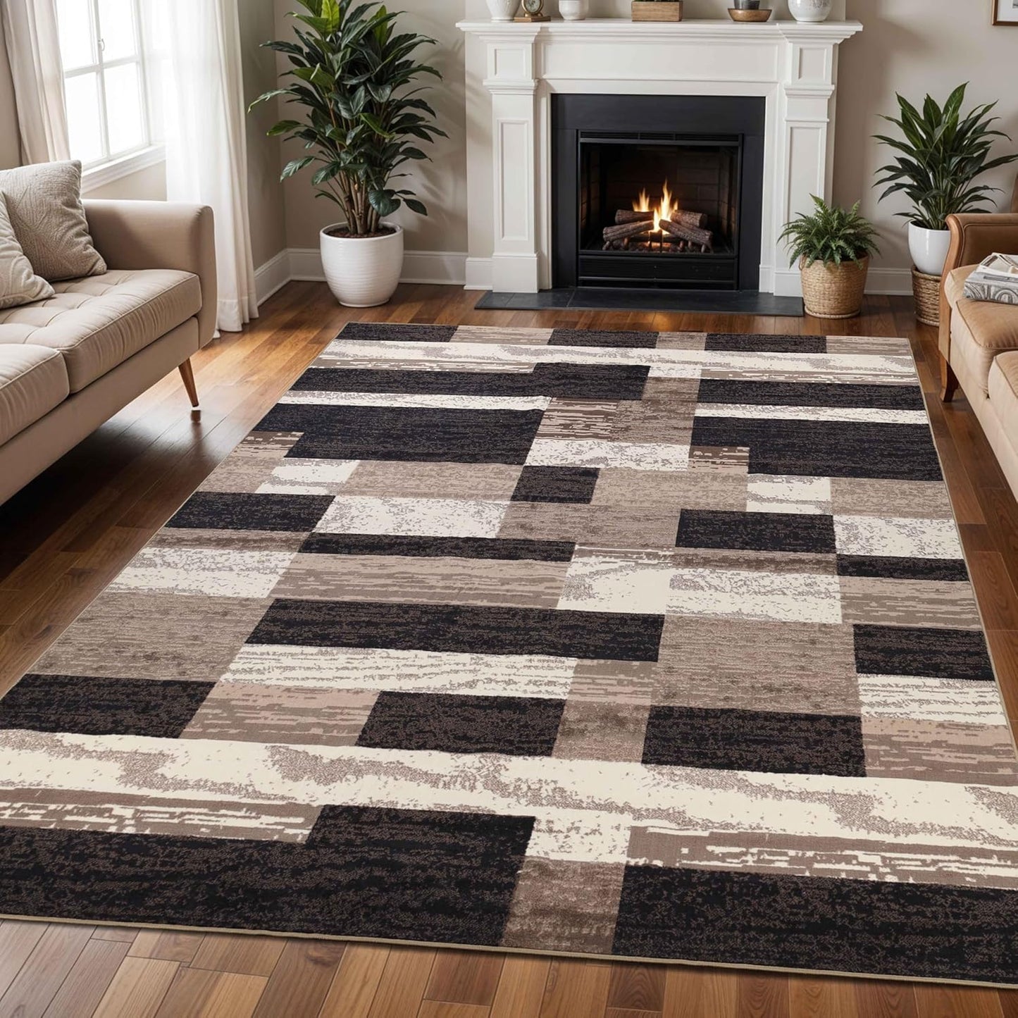 Superior Indoor Area Rug, Plush Carpet Cover, for Kids or Pets, Hallway, Entryway, Living Room, Dining, Bedroom, Office, Kitchen, Modern Geometric Patchwork, Rockwood Collection, 12' x 18', Chocolate
