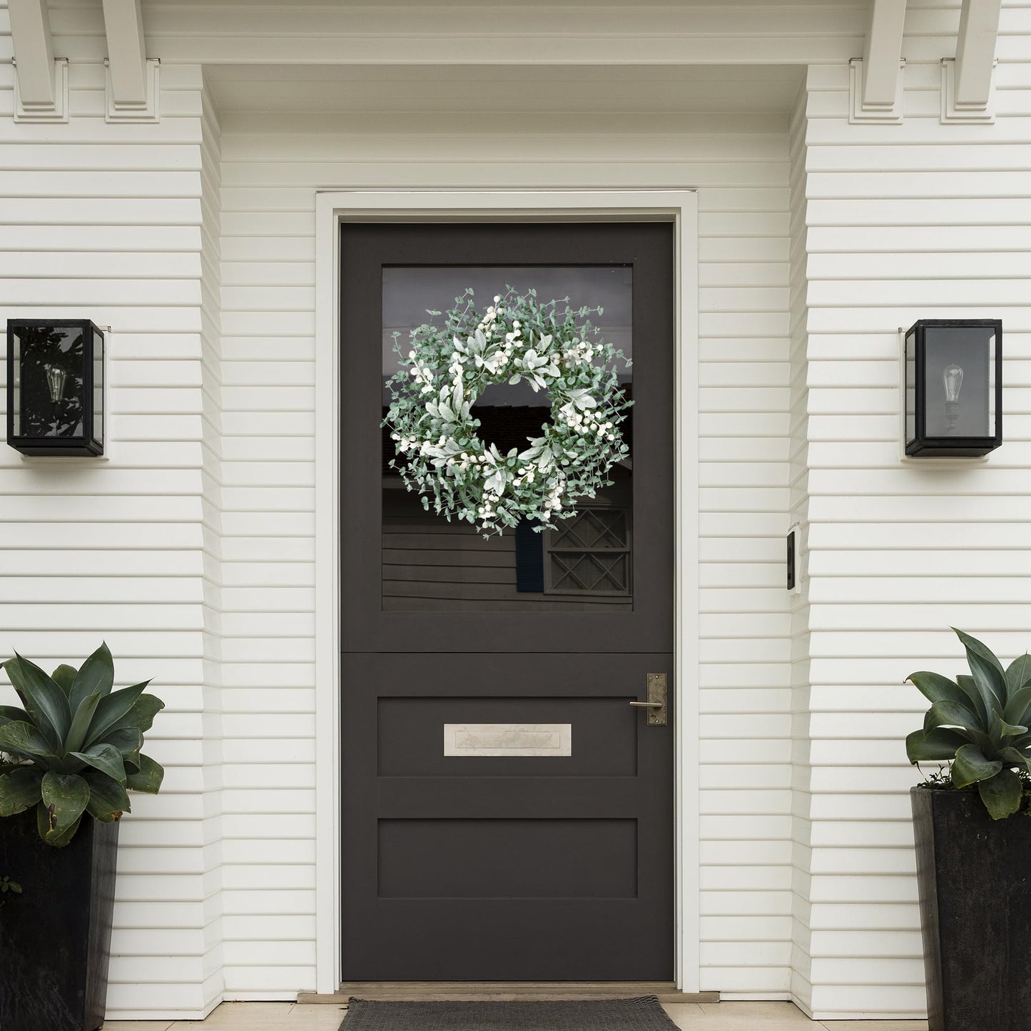 Sggvecsy Artificial Greenery Leaves Wreath for Front Door 22 Inch Greenery Boxwood Wreath with Flocked Lambs Ear White Berries for Spring Summer Farmhouse Wall Home Indoor Outdoor Decor