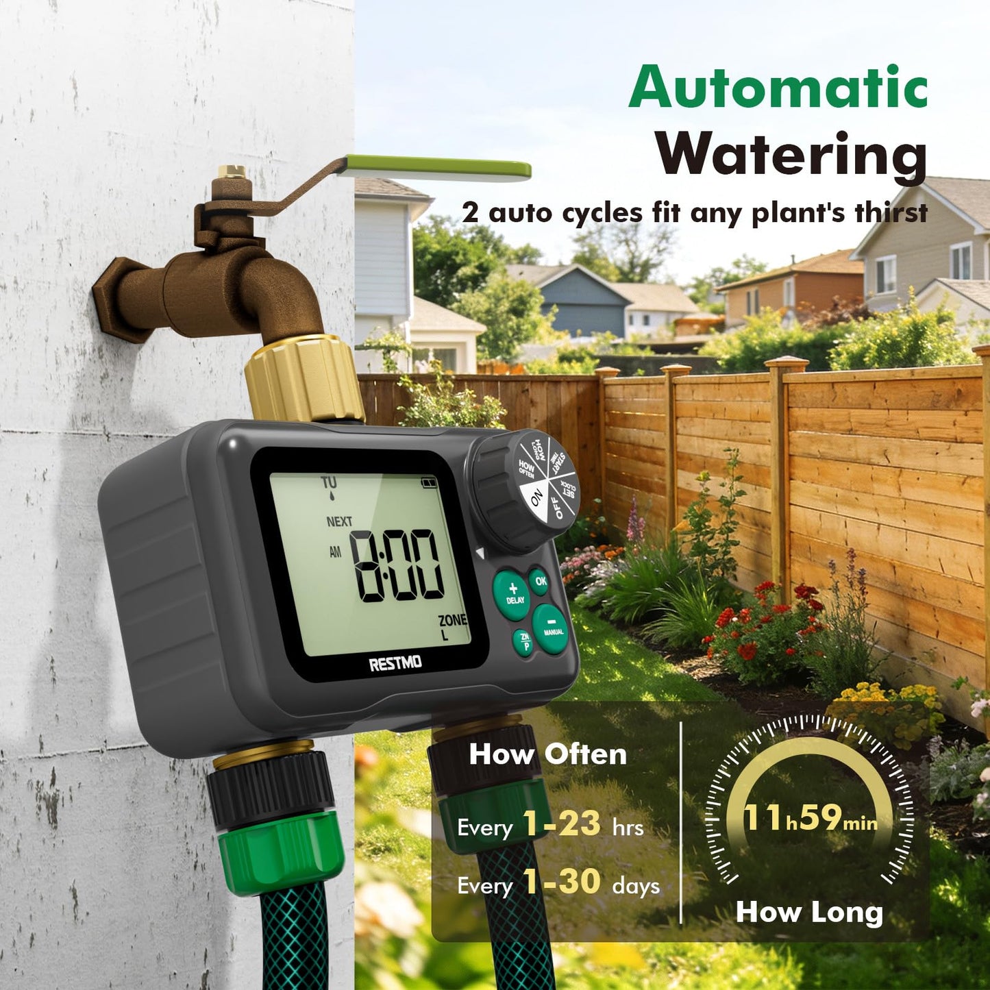RESTMO Remote Control Brass Sprinkler Timer for Outdoor Hose Faucet 2 Zone, Max 11h59m Programmable Water Timer for Soaker Hose, Misting with Large Dial, Rain Delay/Manual/Automatic Irrigation System