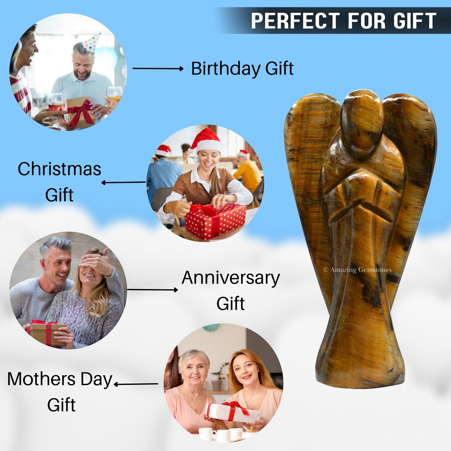 Tiger Eye Crystal Guardian Angel Figurines Ornament for Healing Birthstone, Decoration Statue (Hand Carved Pocket Gemstone Angel) (2 inch)