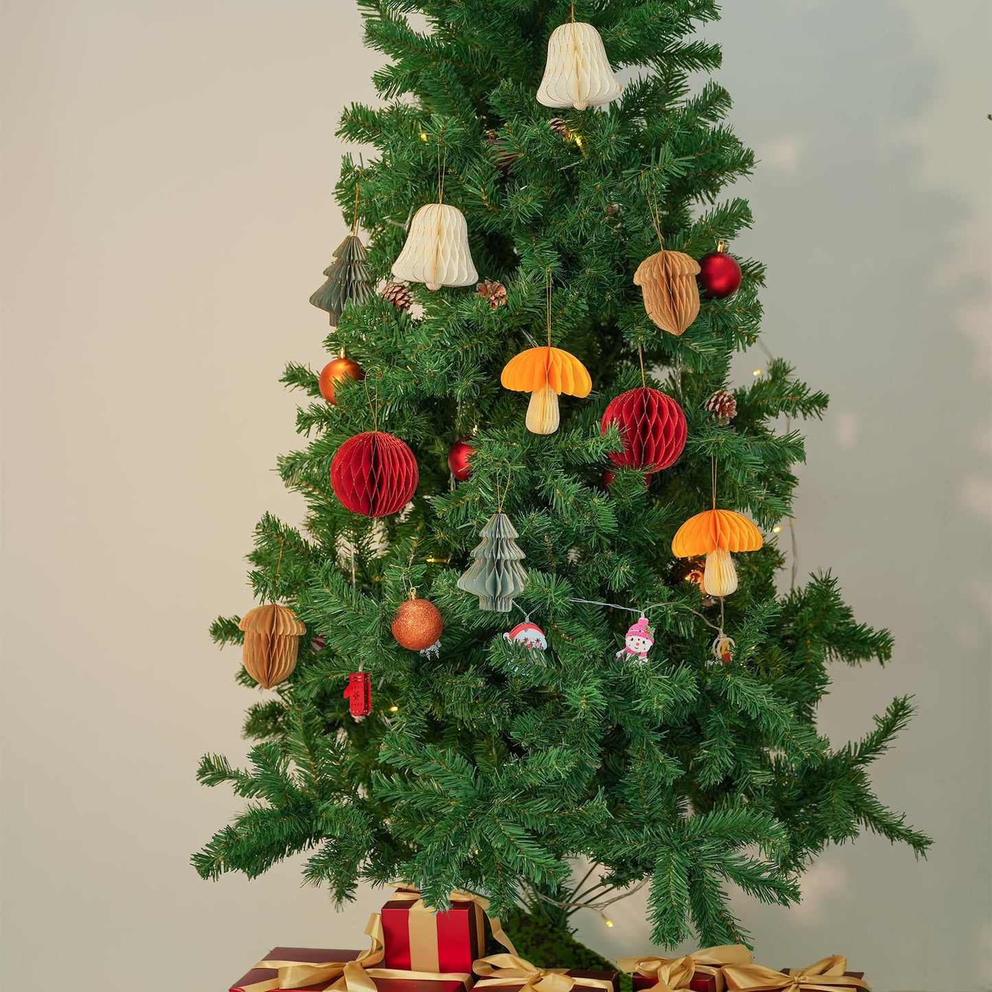 10 PCS Christmas Hanging Ornaments 3D Honeycomb Paper for Christmas, Party Decorations - Includes Mini Trees, Mushrooms, Acorns, Bells, Balls - Perfect All Season Creative DIY Items