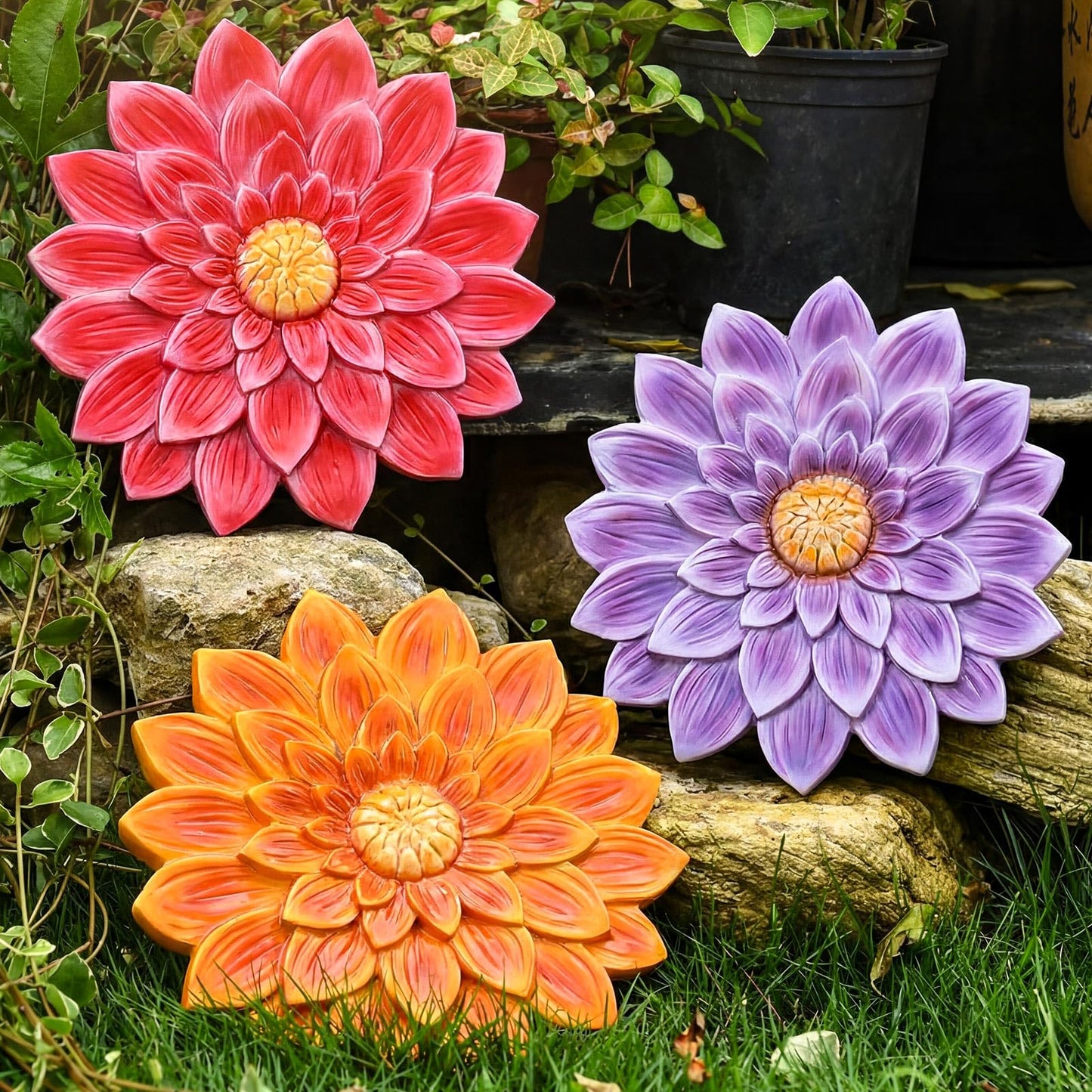 Cinnvoice 3 Pack Garden Stepping Stone Outdoor, Decorative Dimensional Resin Stepping Stones for Patio Pathway Landscaping Walkway Sculpture Yard Backyard Lawn(Dahlia,10 Inches)