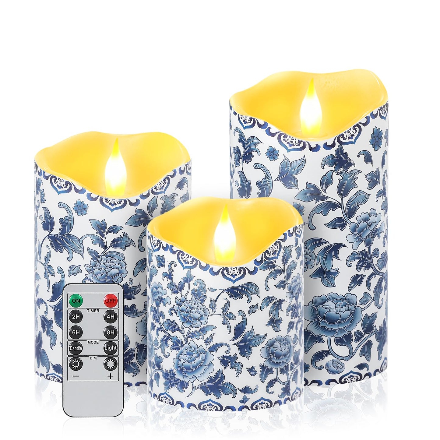 Lebaley 3PCS Chinoiserie Flameless Candles – Blue and White Porcelain Candles with Remote,Floral Battery Operated LED Candles,Blue Pillar Candles Chinoiserie Decor for Home Weddings Party Festivals