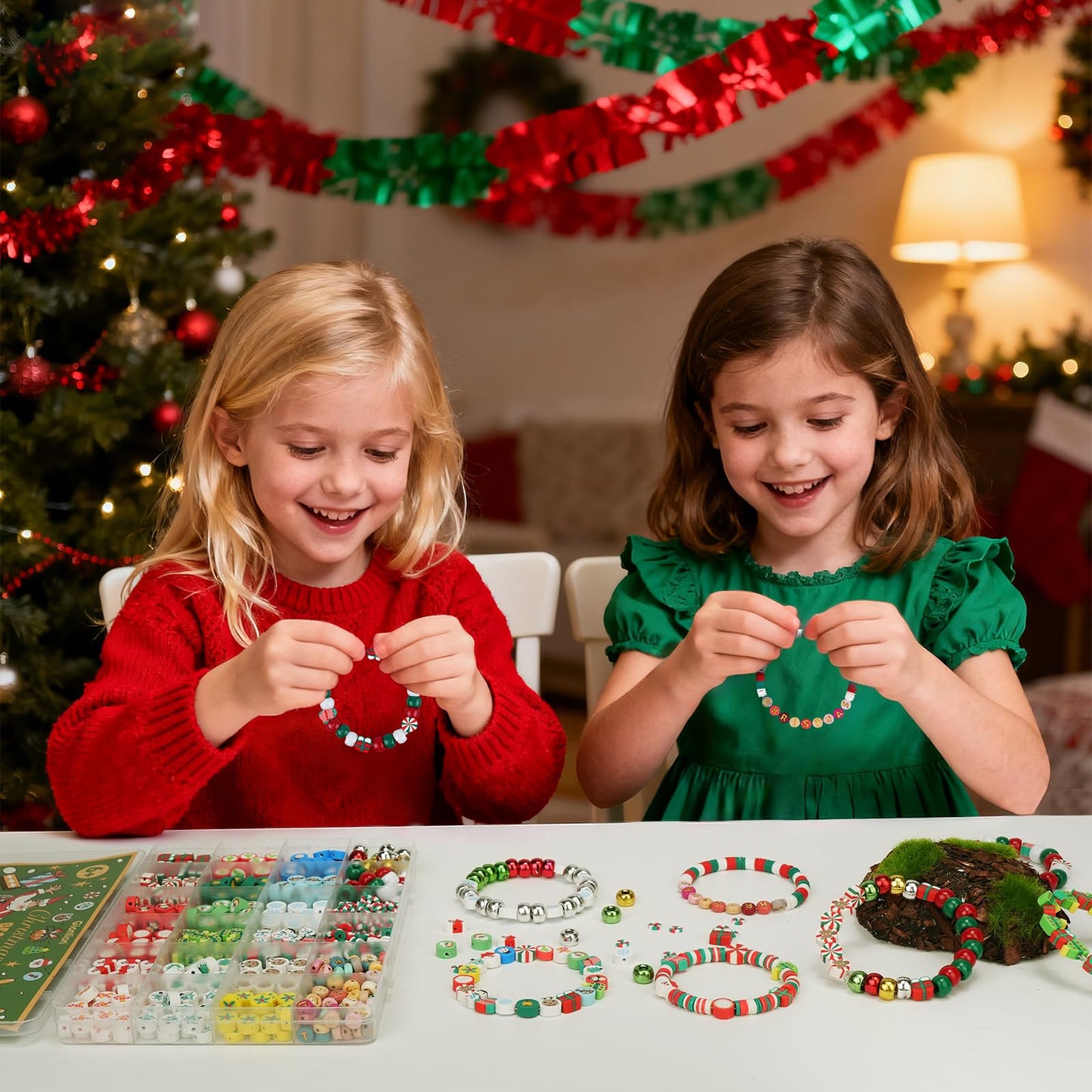 Gionlion Christmas Beads Bracelet Making Kit, 800 Pcs Polymer Clay Beads Jewelry Kit for Girls, Holiday DIY Craft with Christmas Crafts Charms, Perfect Stocking Stuffer for Kids