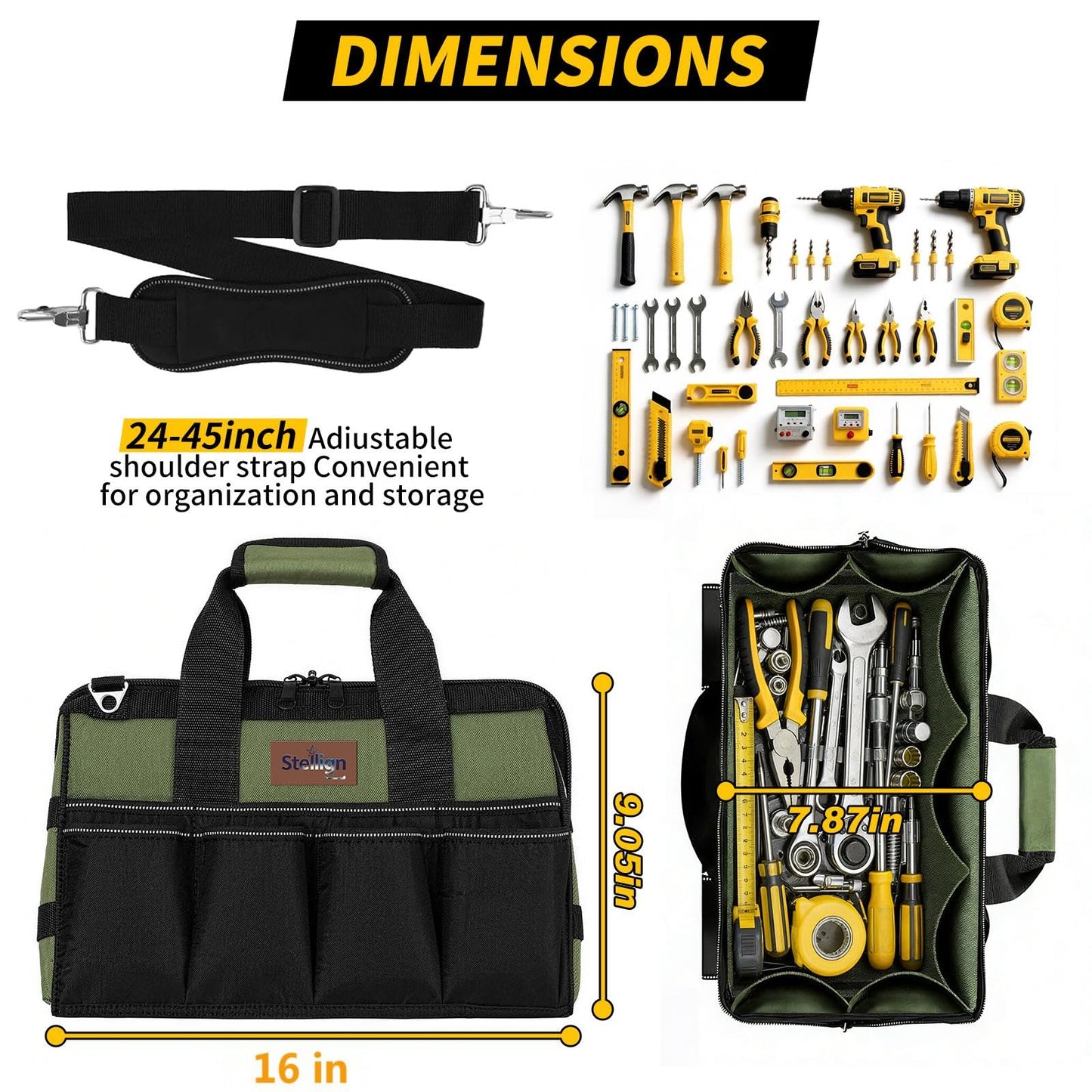 Stellign Heavy Duty Tool Bag 16-Inch,25-Pocket Portable Tool Box Organizer with Big Storage ToolBox, Zipper Carrying Toolbag-Multi Pouch for Construction, Electrical,Gifts for him Dad,Men,friend