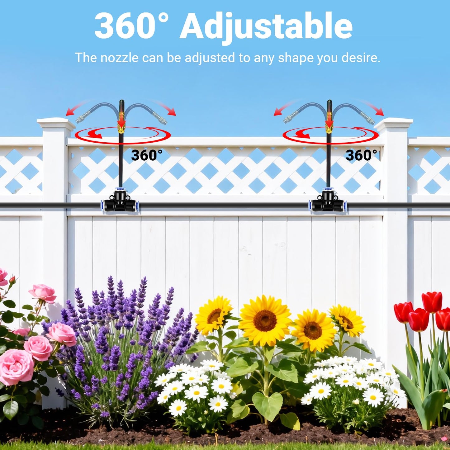 Thiswing 100FT 360° Adjustable Drip Irrigation Kit – 1/4" Tubing with 18 Nozzles, Full-Circle Spray for Greenhouse, Vegetable Garden & Potted Plants, Water-Saving DIY Irrigation System