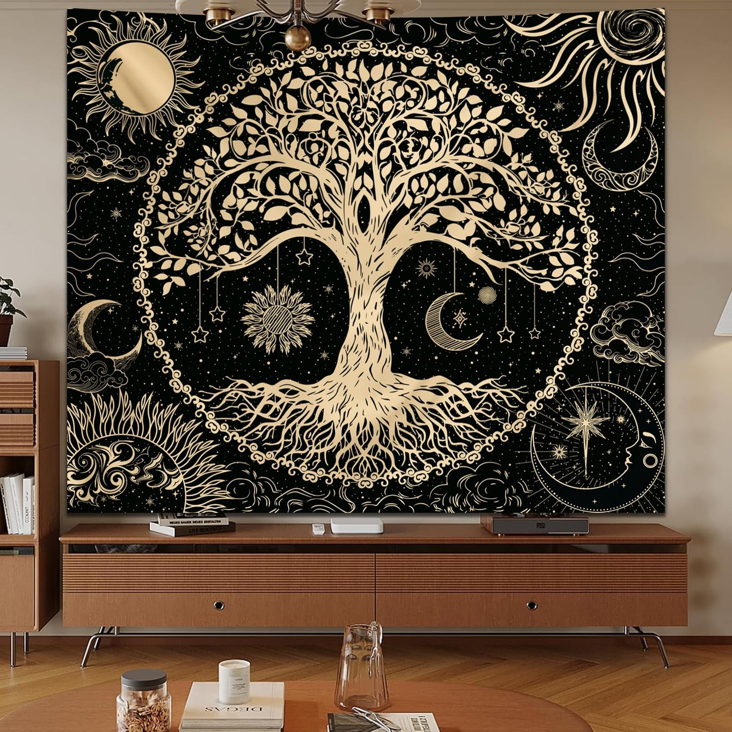 Avinyl Tree of Life Wall Tapestry for Bedroom, Sun and Moon Hippie Tapestries Aesthetic, Black and Gold Wall Hanging Home Decor for Dorm Living Room Office 51in x 60in