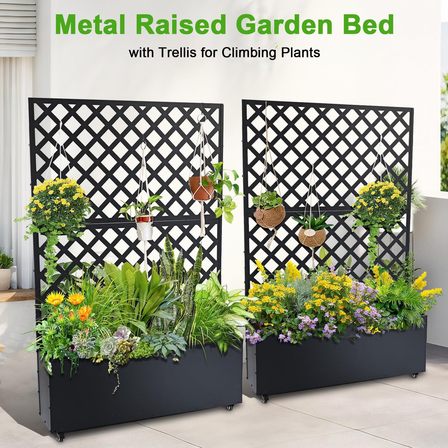 GarveeLife Metal Planter Box with Trellis, 73"x47"x12" Raised Garden Bed with Privacy Screen, Galvanized Steel Outdoor Planter Box with Drainage Holes for Climbing Plants Flowers Vegetables, Black