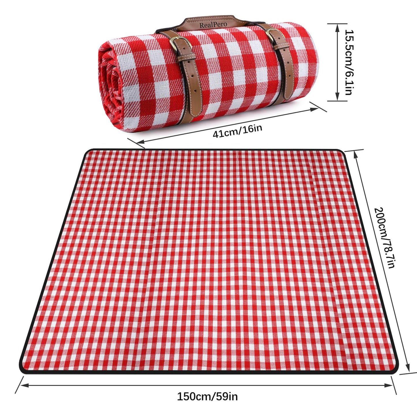 RealPero Extra Large Picnic Blanket, 80"x60" Waterproof Sandproof Beach Mat, Soft Foldable Outdoor Camping Mat with PU Carrier, Red White Plaid Portable Mat for Lawn, Grass, Travel & Park