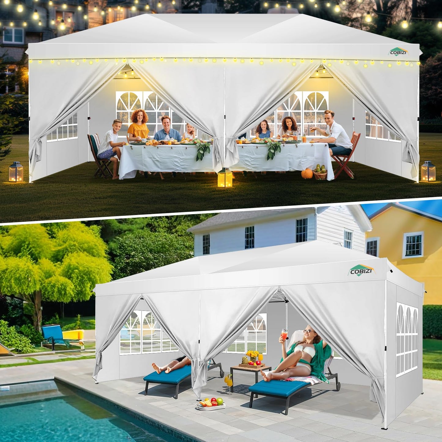 COBIZI 10x20 Pop Up Canopy Tent, One Push Easy Up Gazebo with 6 Removable Sidewalls & Air Vent, Waterproof UV50+ Commercial Canopy with 4 Sandbags, Stakes & Ropes for Parties/Camping/Backyard,White