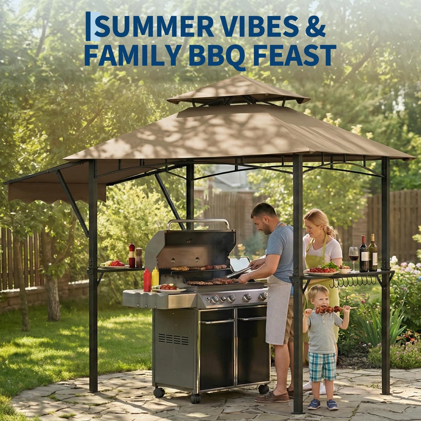 Garvee 8x5 ft Grill Gazebo with Side Awning, Double-Tier BBQ Canopy with 2 Side Shelves, 4 LED Lights,10 Hooks & Bottle Opener, Heavy-Duty Outdoor Grill Shelter for Patio, Backyard, Garden, Deck,Khaki