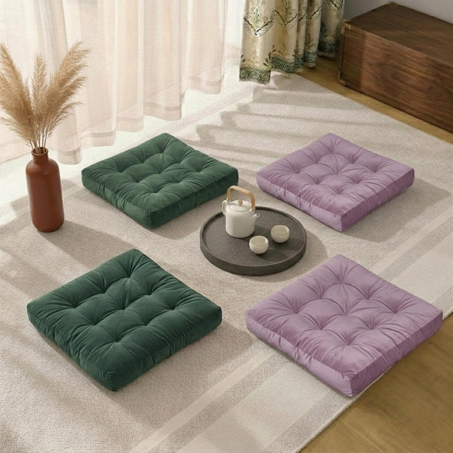 Meditation Cushion Set of 2, Floor Cushions for Adults, Velvet Floor Pillows for Sitting, Tufted Seat Cushions for Yoga, Living Room, Bedroom & Reading Nook, Machine Washable, 22 x 22 Inch, Lavender