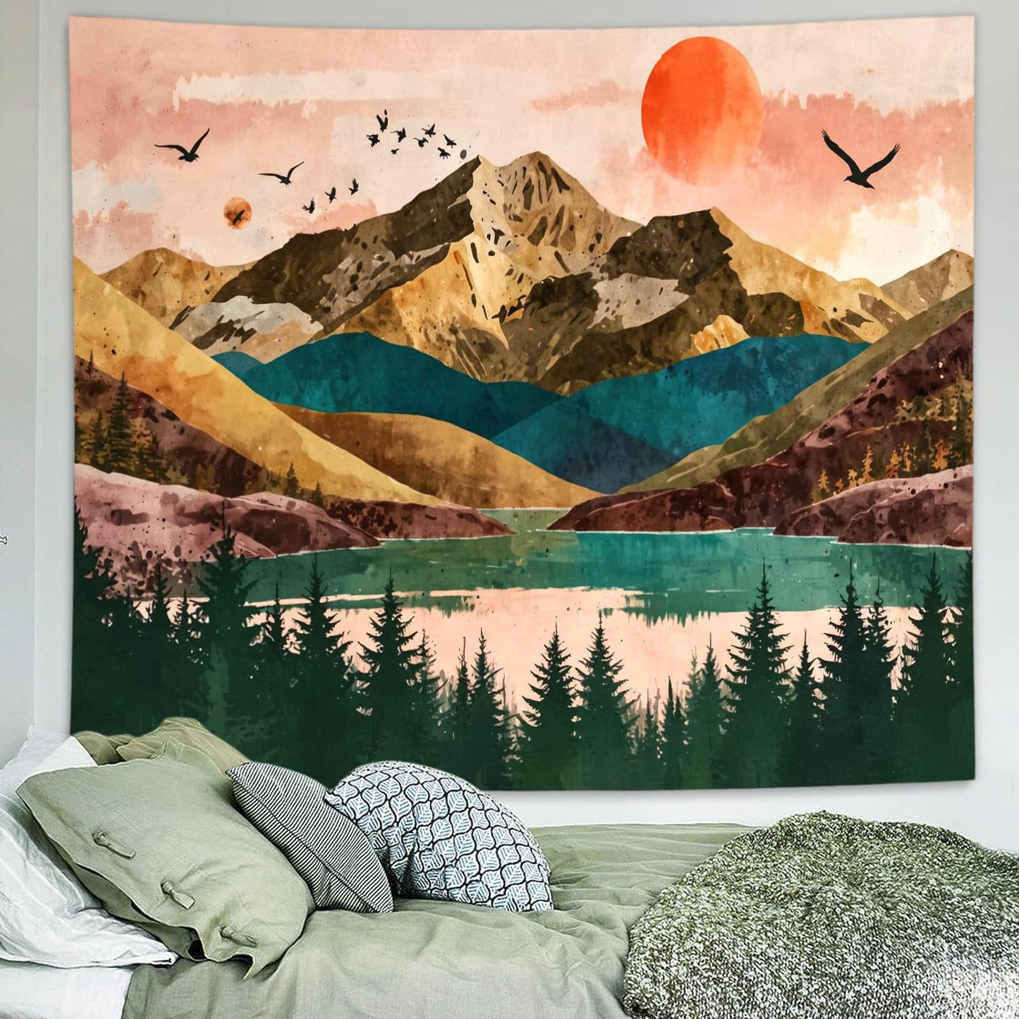 Delur Mountain Tapestry Boho Sunset Nature Forest Tree Tapestry Wall Hanging Sunrise River Lake Landscape Psychedelic Headboard for Bedroom Living Room Home Decor (51.2" x 59.1")