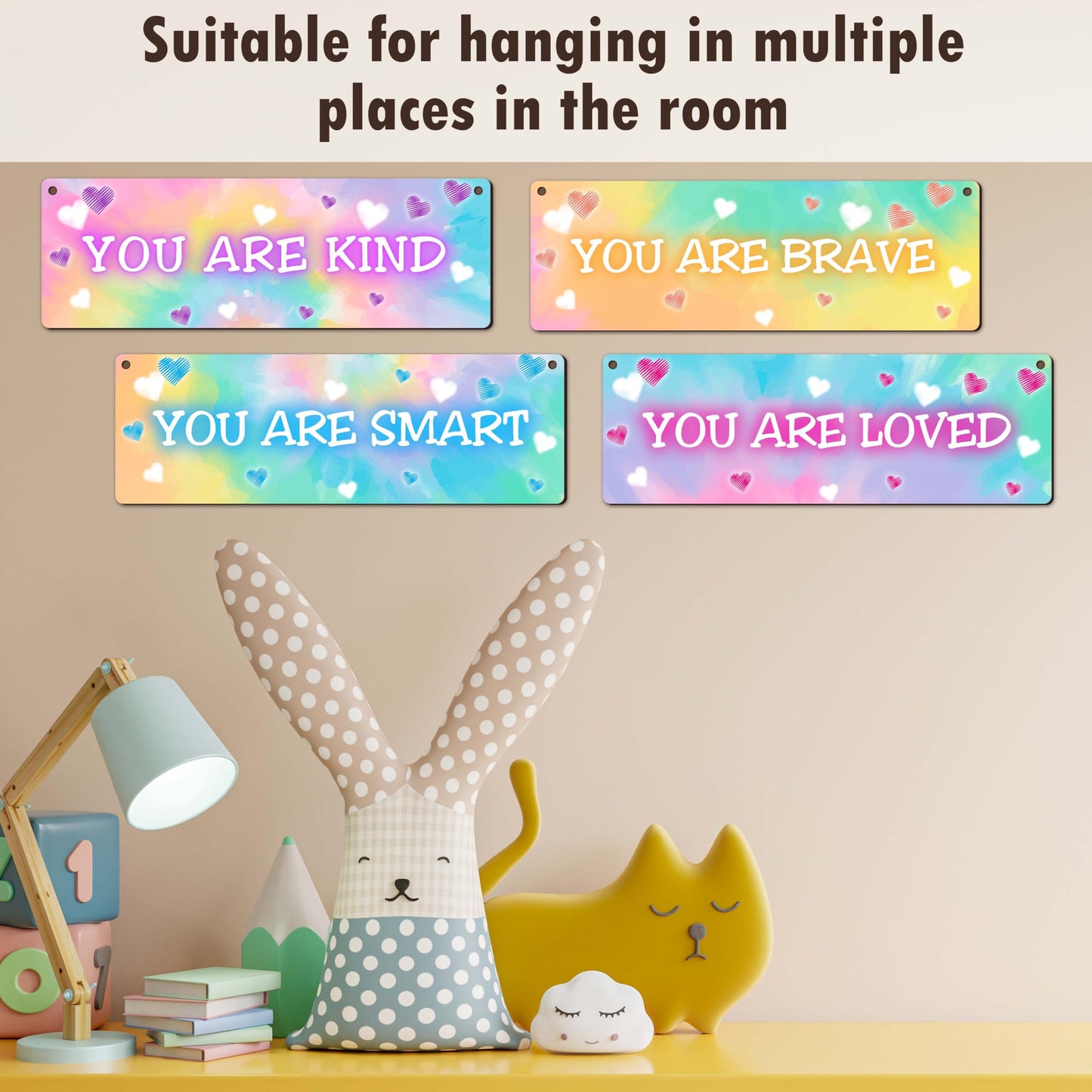 4 Pieces Tie Dye Decor Kids Room Wall Decor Wooden Sign - Motivational Wall Art For Kids Room Nursery Playroom Classroom - You Are Loved Brave Kind Smart(Sign-04)