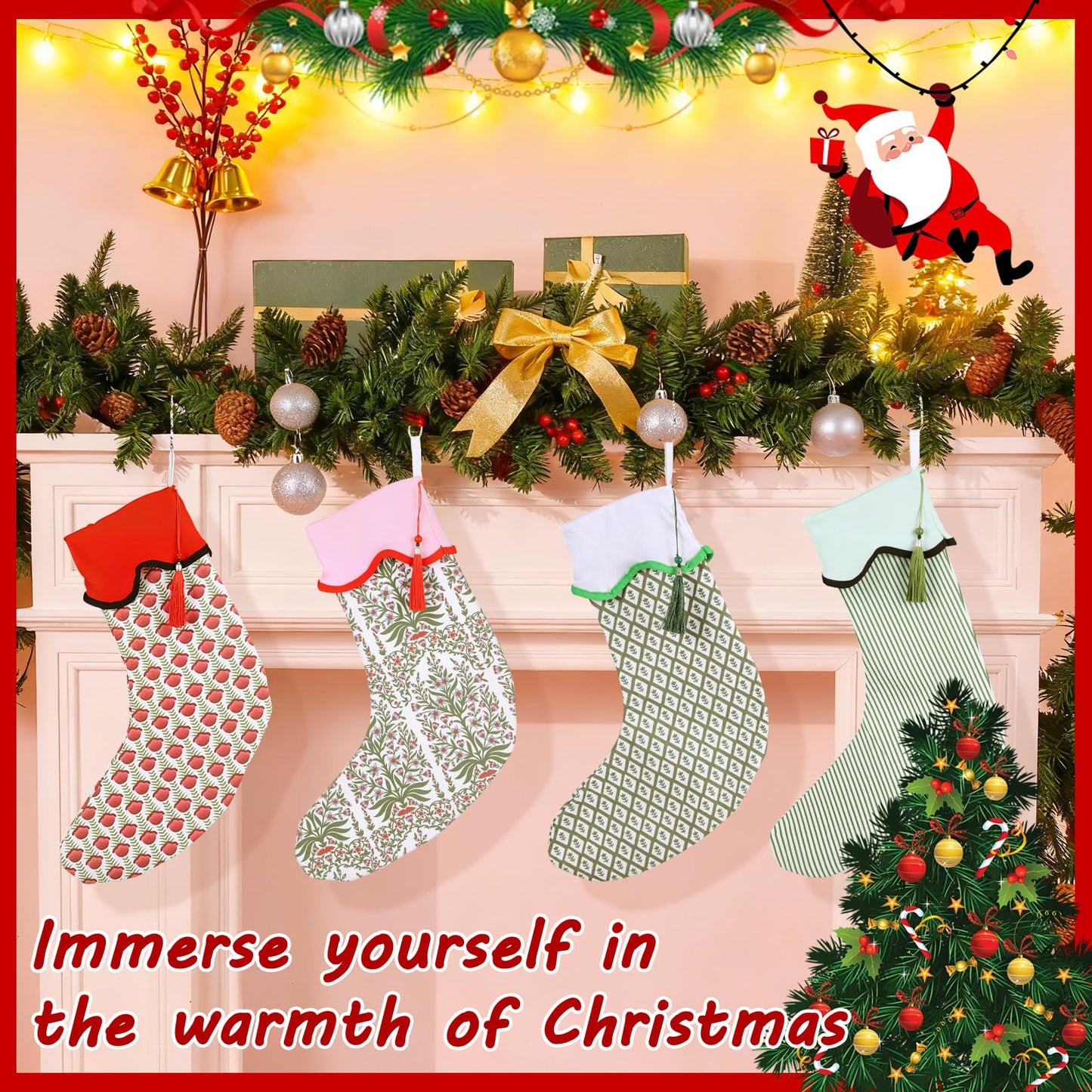 4 Pack Christmas Stockings Green Red Block Print Holiday Scalloped Stockings 22" Canvas Floral Nature Xmas Socks with Tassel Rustic Christmas Hanging Decorations for Stairs Fireplace Xmas Home Decor