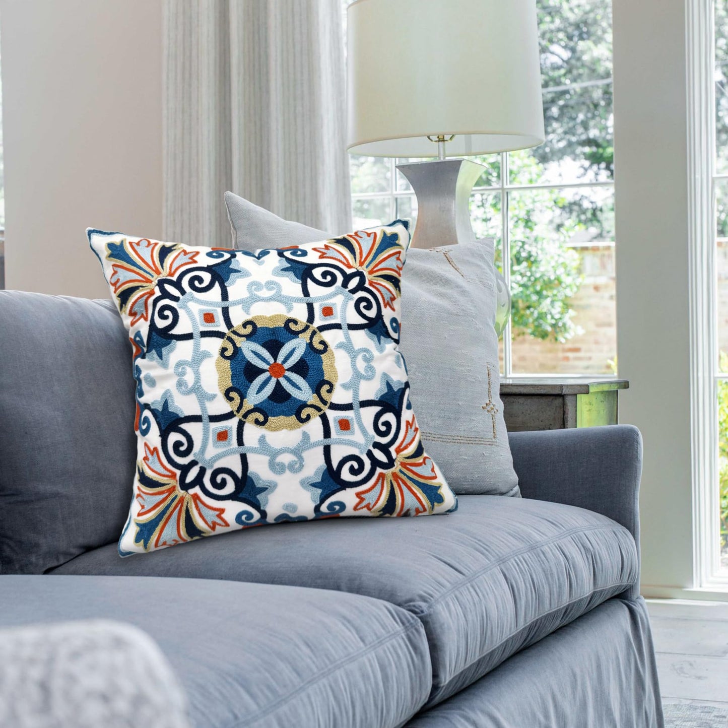 Alysheer Embroidered Fall Decorative Throw Pillow Cover 18"x 18" Set of 2, Boho Navy Blue Floral Embroidery Patterned Cotton Cushion Case for Sofa Couch Living Room Bedroom Outdoor