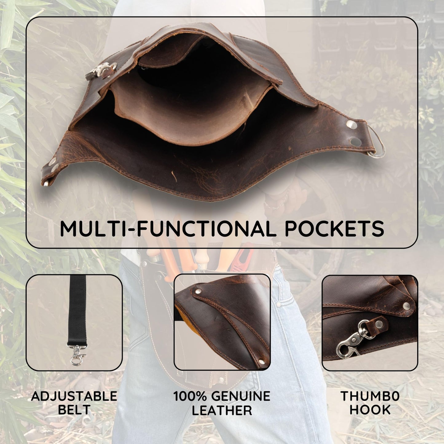 Hulara Brown Full Grain Leather Florist Tool Bag for Gardener Farmer Tools Holster With Adjutable Belt for Florists, Small Carpenter Electrician Organizer Kit.