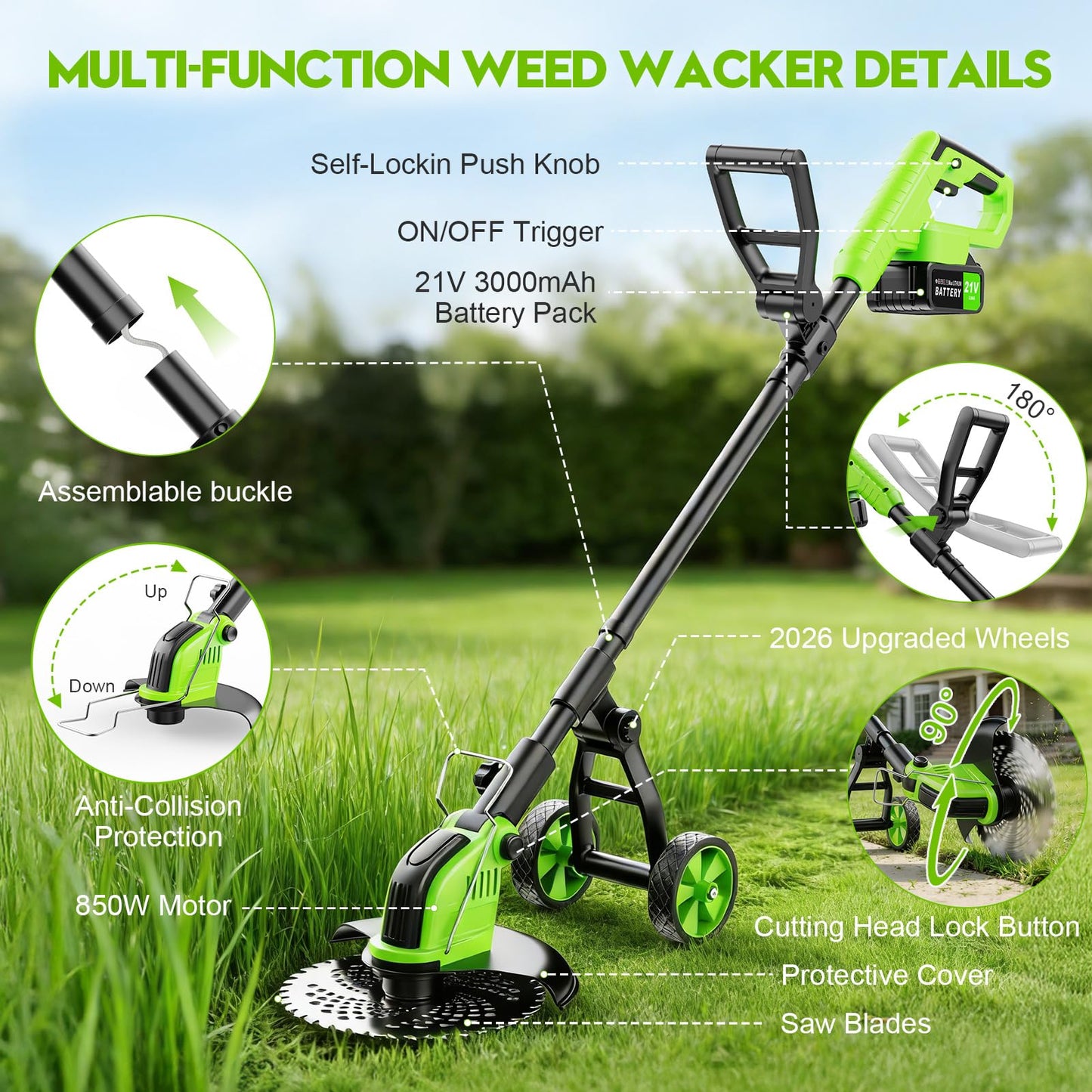 20000 RPM Electric Weed Wacker Cordless, 12″ Brushless Weed Eater Battery Powered with Wheel, 4-in-1 Grass Trimmer/Brush Cutter/String Trimmer, Lawn Mower Edger Stringless Weed Trimmer, 2 Battery Tool