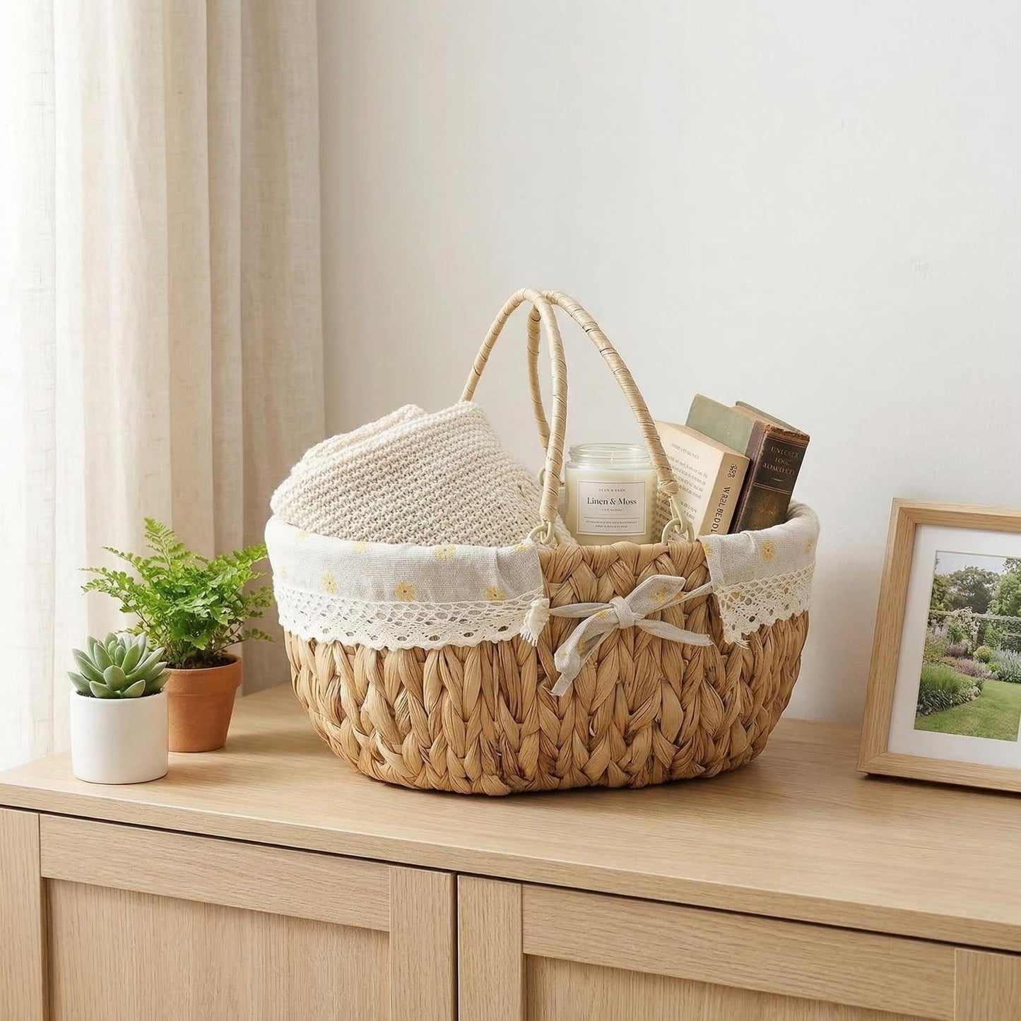 Oval Wicker Picnic Basket with Folding Handles and Lining for 2, Handwoven Water Hyacinth Hamper,Willow Hand Woven Shopping Basket, Bath Storage Camping Outdoor Beach Gift