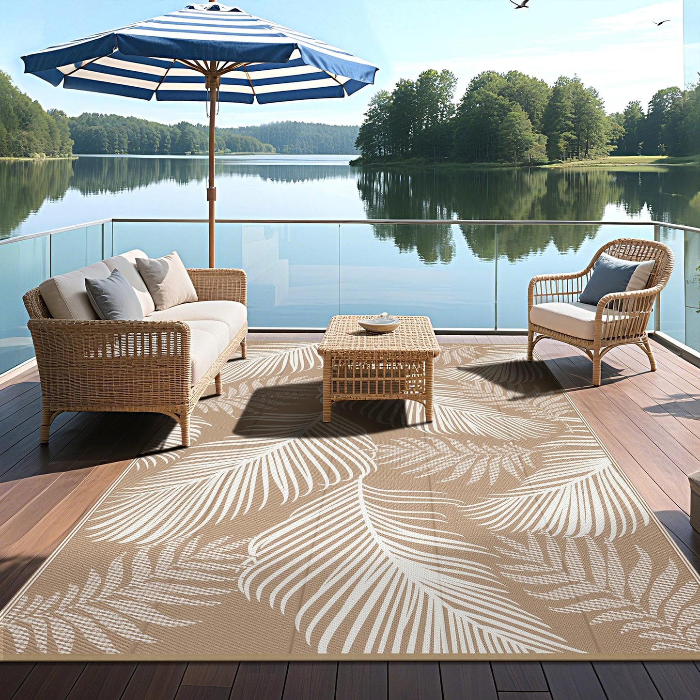 Pauwer Waterproof Outdoor Rug 5x8, Reversible Plastic Straw Patio Camping Rug, Indoor Outdoor RV Mat Carpet for Deck, Camper, Porch, Balcony, Backyard, Picnic, Leaf Brown