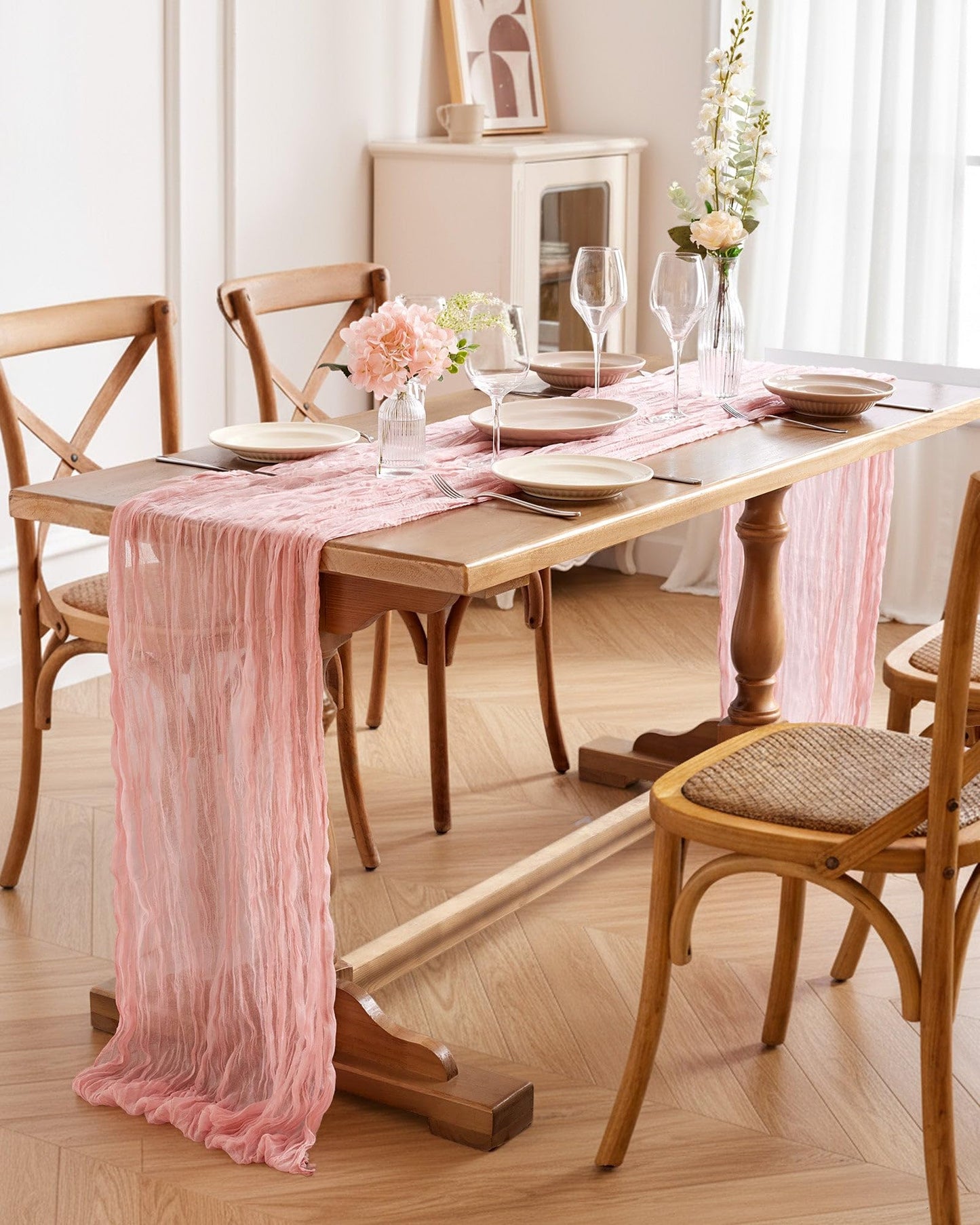 Pureegg 2-Pack Cheesecloth Table Runner, 120'' Easter Spring Boho Gauze Table Cloth Decorations for Party, Baby Shower, Wedding and Farmhouse, Fabric Room Decor, Dusty Pink