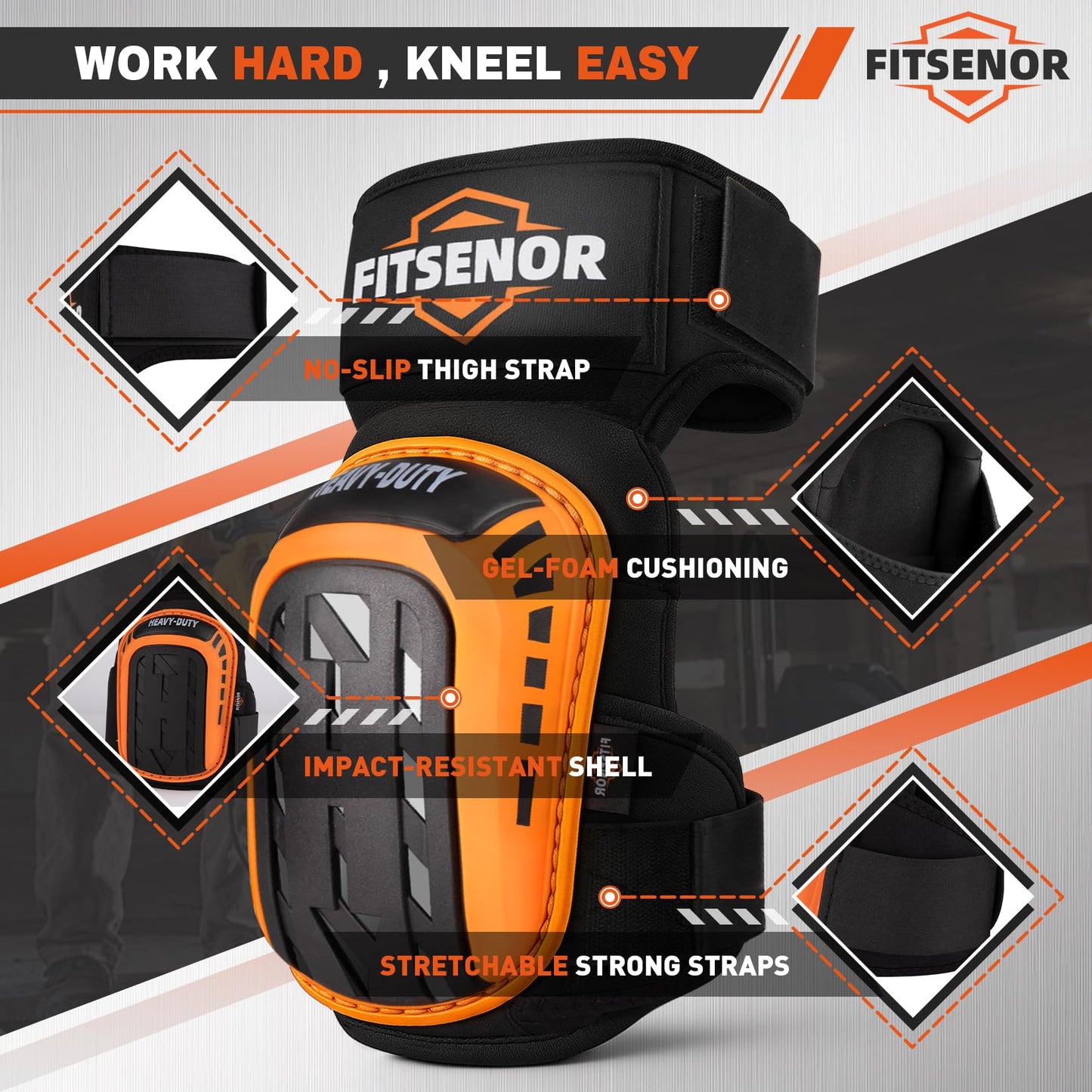 FITSENOR Knee Pads for Men Construction, Tactical Professional Knee Pads for Work, Protection, for Roofing, Gardening, Flooring, Cleaning, Construction Tools, Orange