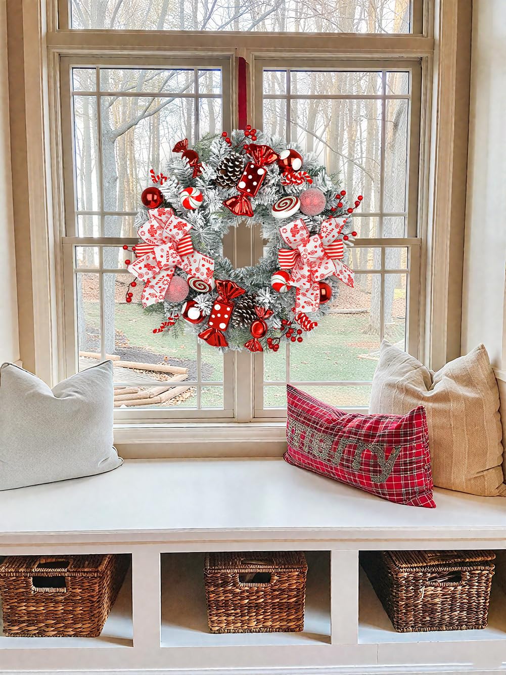 24" Artificial Christmas Wreath with Red Candy Accents, Double Ribbon Bows, Pine Cones & Ornaments, White Cedar Base for Christmas Thanksgiving Winter Holiday Front Door and Wall Decoration
