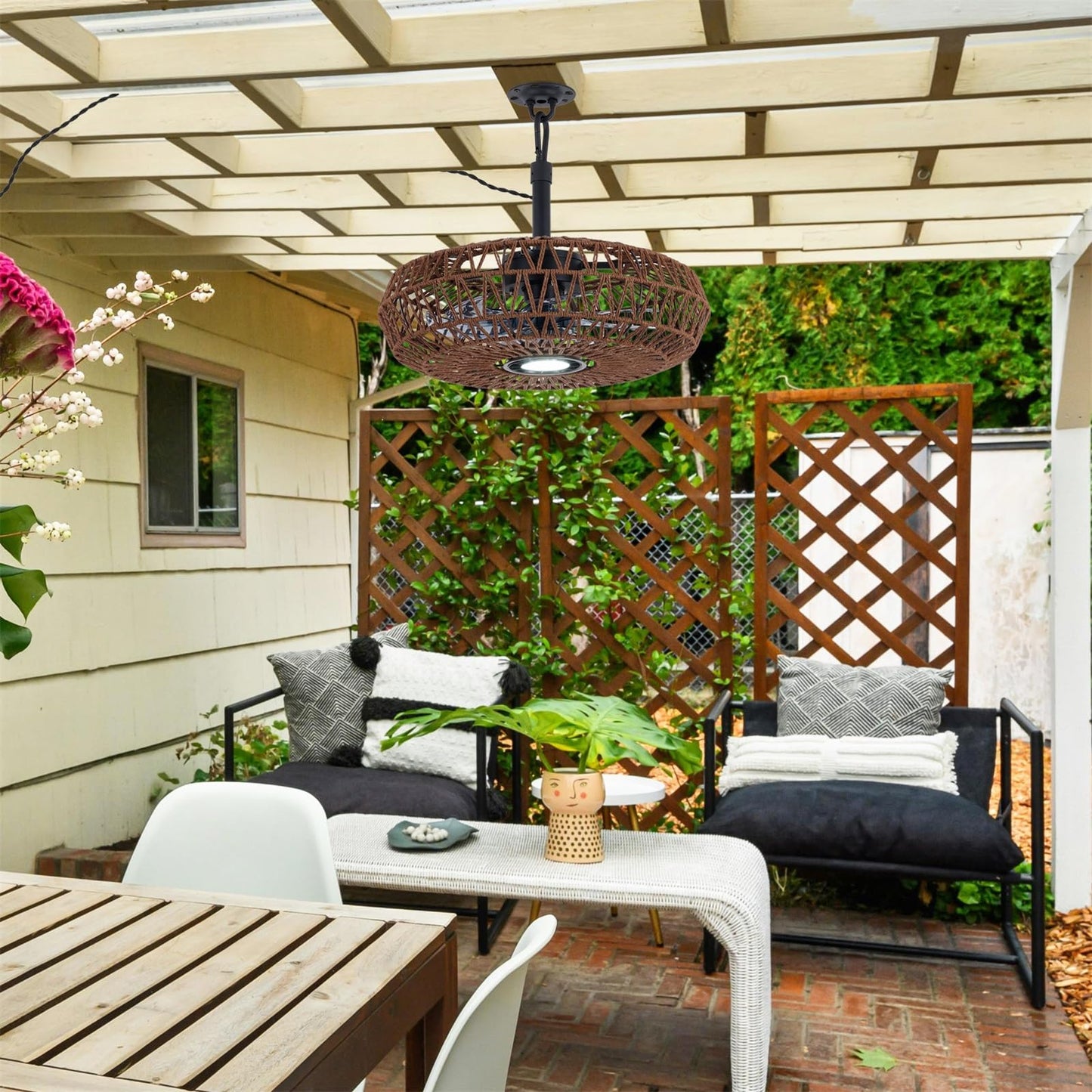She's home 20'' Outdoor Gazebo Fan with Lights and Remote, Outside/Indoor Hanging Rattan Ceiling Fan, 3CCT Dimmable, 6-Speed DC Motor, Plug-in Wicker Woven Caged Ceiling Fans for Patio Porch Pergola