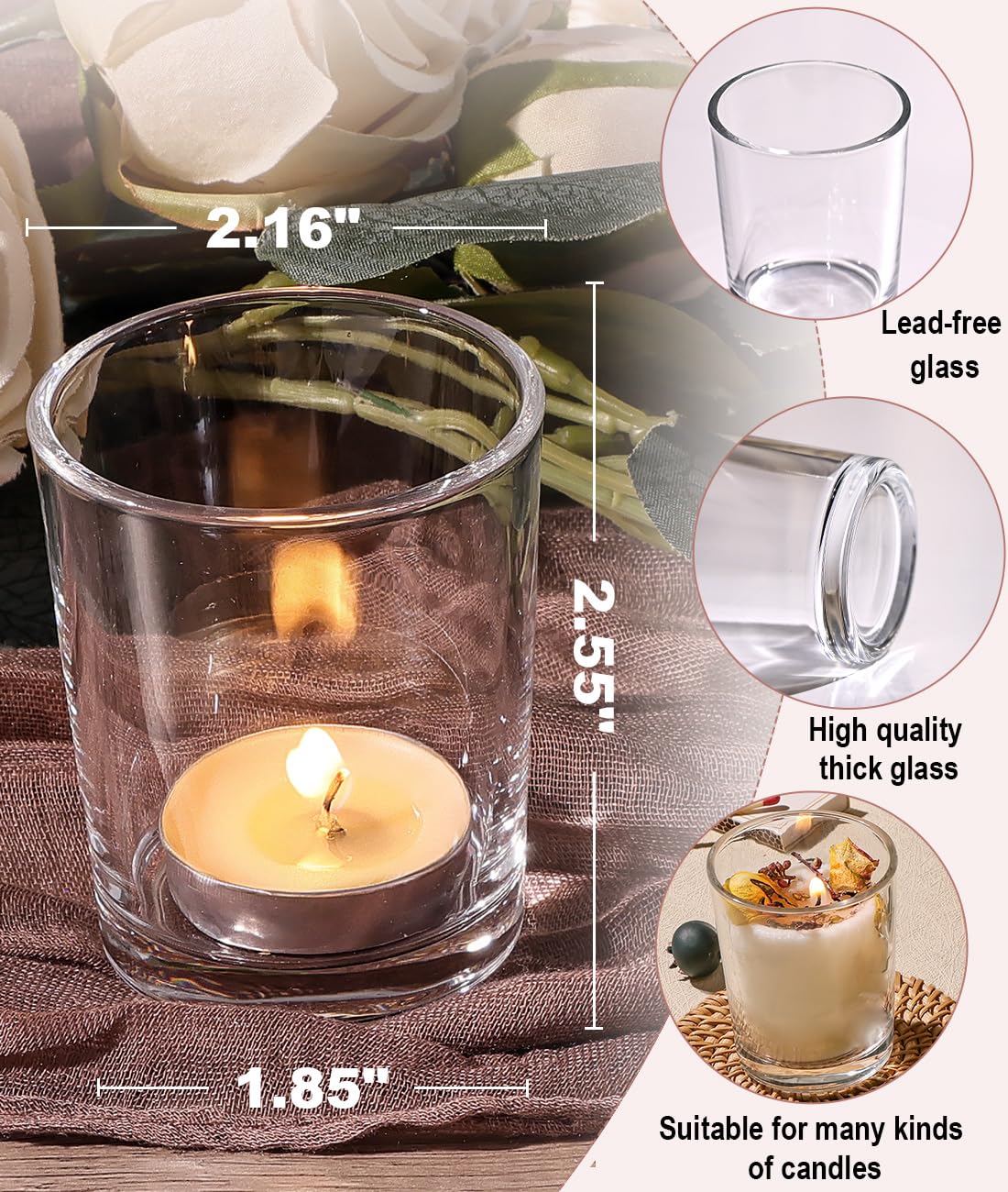 Letine 36-Pack Votive Candle Holders - Clear Glass Tea Light Holders - Glass Votive Candle Holder Bulk for Wedding Centerpieces/Home Table Decor/Propose/Christmas and Spring Party Decor