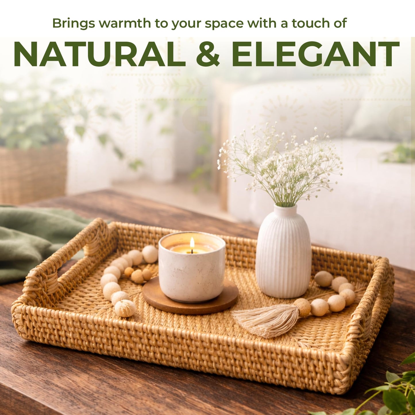 Rattan Serving Tray with Handles (11.4 x 16.9 x 2 in) ā Handwoven Wicker Tray for Coffee Table, Breakfast, Ottoman & Home Decor, Natural Woven Tray