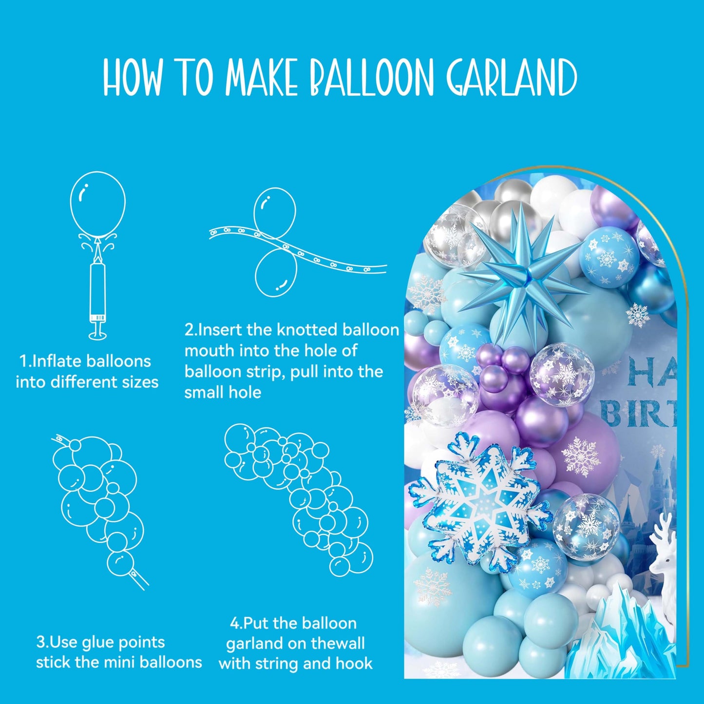 103pcs Winter Wonderland Balloon Garland Arch Kit with Giant 3D Ice Crystal Star & Gradient Snowflake Foils, 18/12/10/5 Inch Metallic Blue Purple Silver Printed Latex for Girls Ice Princess Birthday