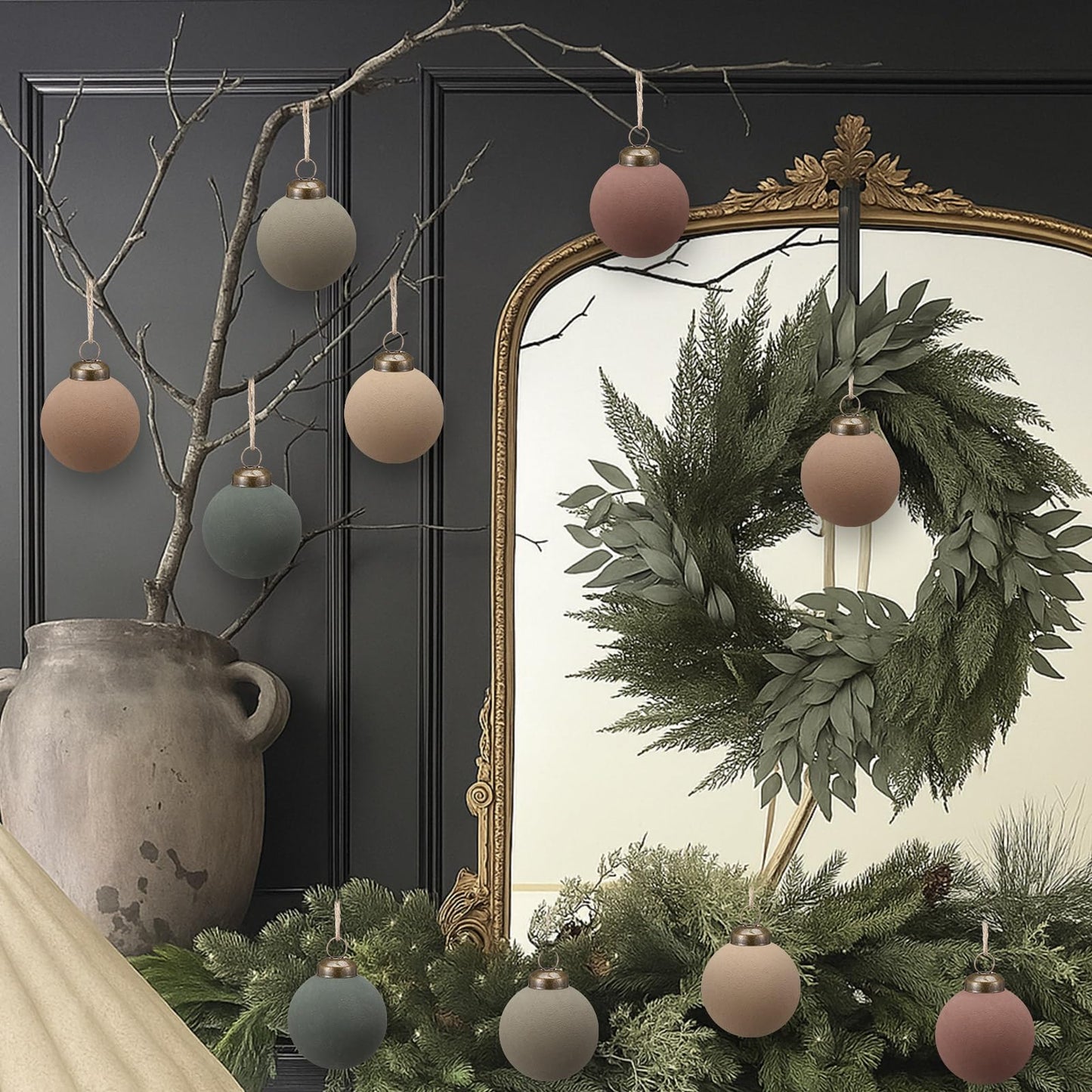 15 Pcs Neutral Matte Christmas Ball Ornaments 2.36'' Textured Rustic Boho Brown Taupe Pine Green Xmas Ball Ornaments Modern Christmas Decor Shatterproof Hanging Tree Decor for Home Indoor