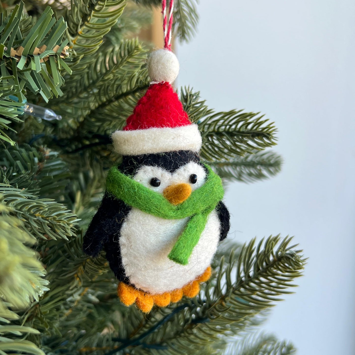 Penguin with Red Hat Christmas Ornament Handmade Felt Wool