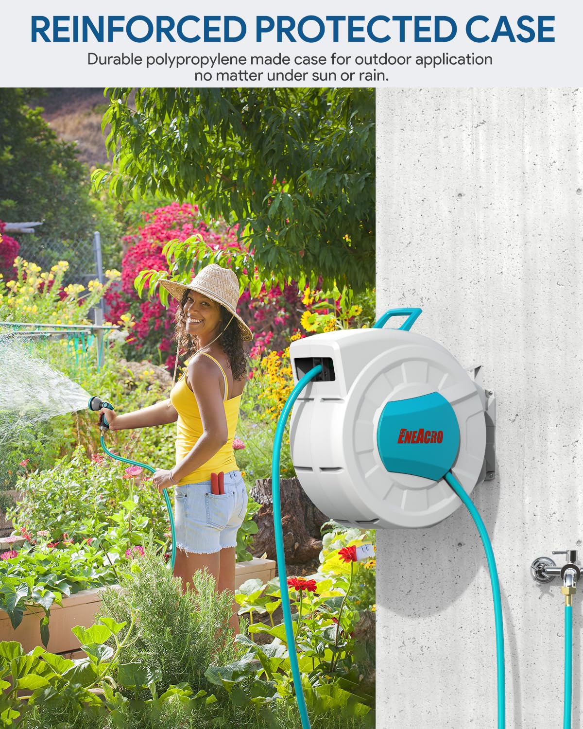 ENEACRO Retractable Garden Hose Reel with Wall Mount 1/2"×100ft with 10 Pattern Hose Nozzle, Brass Connector, Auto Rewind/Any Length Lock/ 180° Swivel Bracket, Ideal for Garden Watering