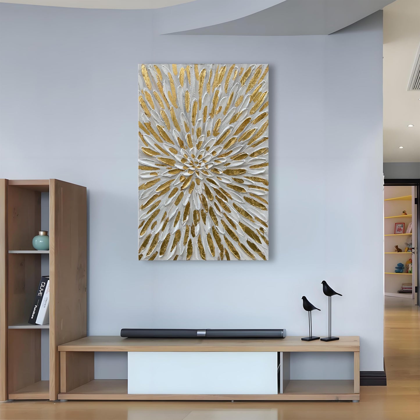 Diathou Art Hand-Painted Gold Texture Oil Painting White Flowers Modern Abstract Art Painting 45x30 inch Home Wall Decorative Art