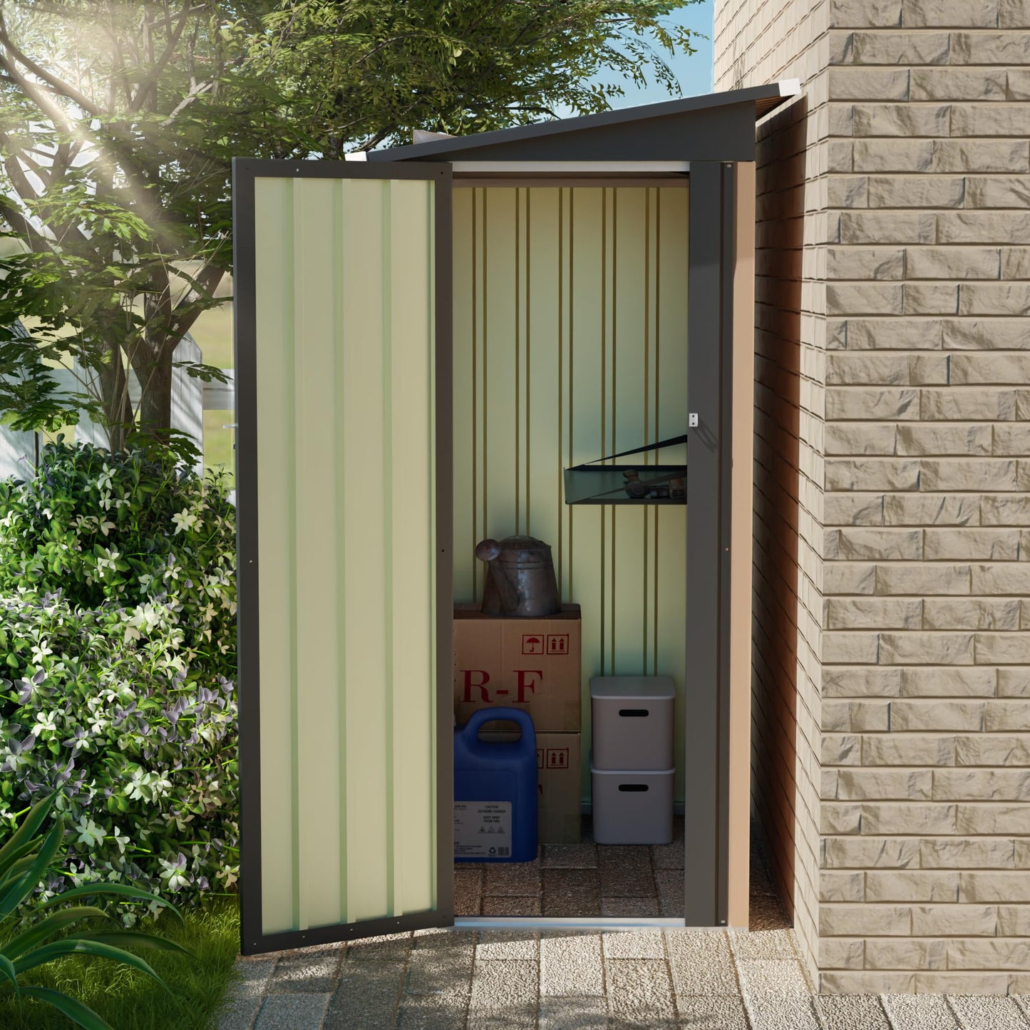 KEIKI 5x3 FT Metal Storage Shed with Pent Roof & Side Hinge Door, Small Outdoor Storage Shed for Garden Tools, Backyard Metal Shed for Patio or Tiny House Use, Brown
