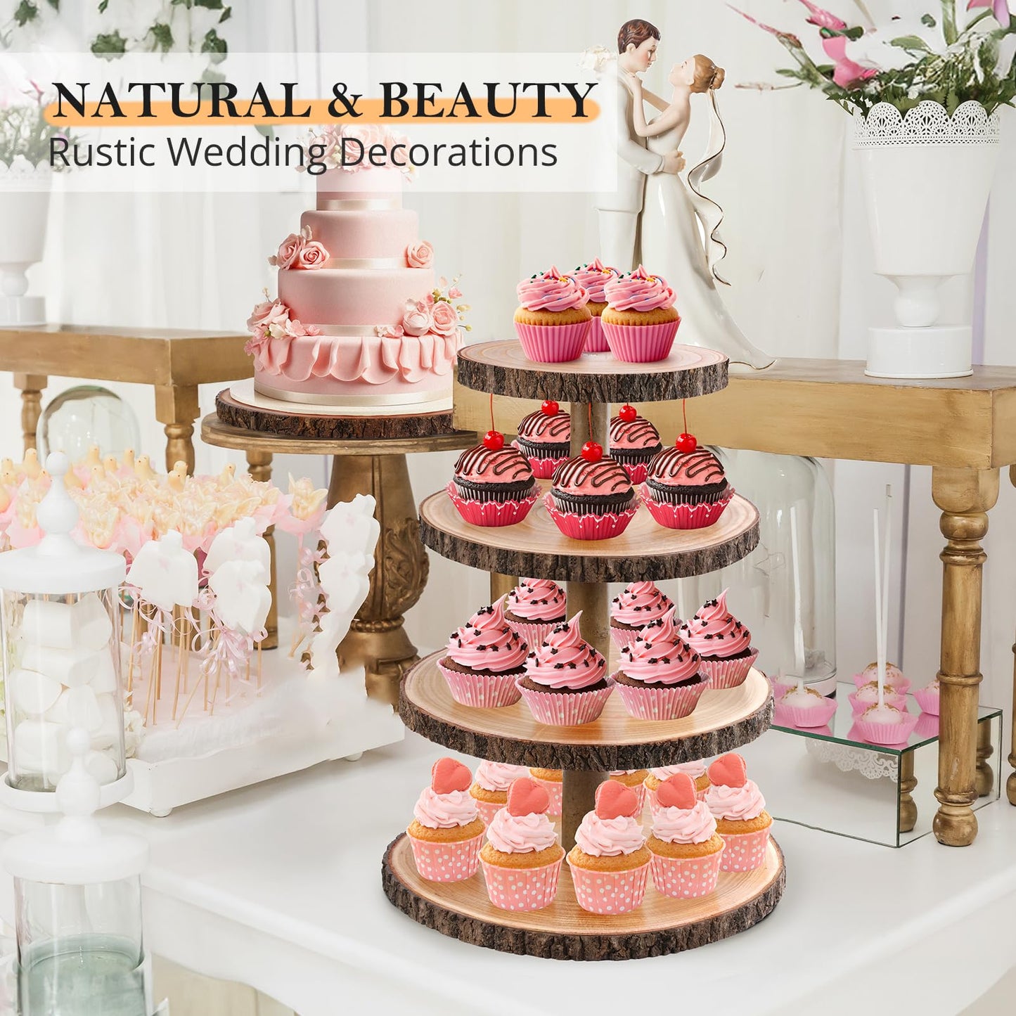 GrnVibe Cupcake Stand Wood Dessert Stands 4 Tier Cupcake Tower Large Cupcake Display Stand Rustic Cupcake Tier Stand for Woodland Baby Shower Decorations/Wedding/Birthday/Party/Farmhouse Decor
