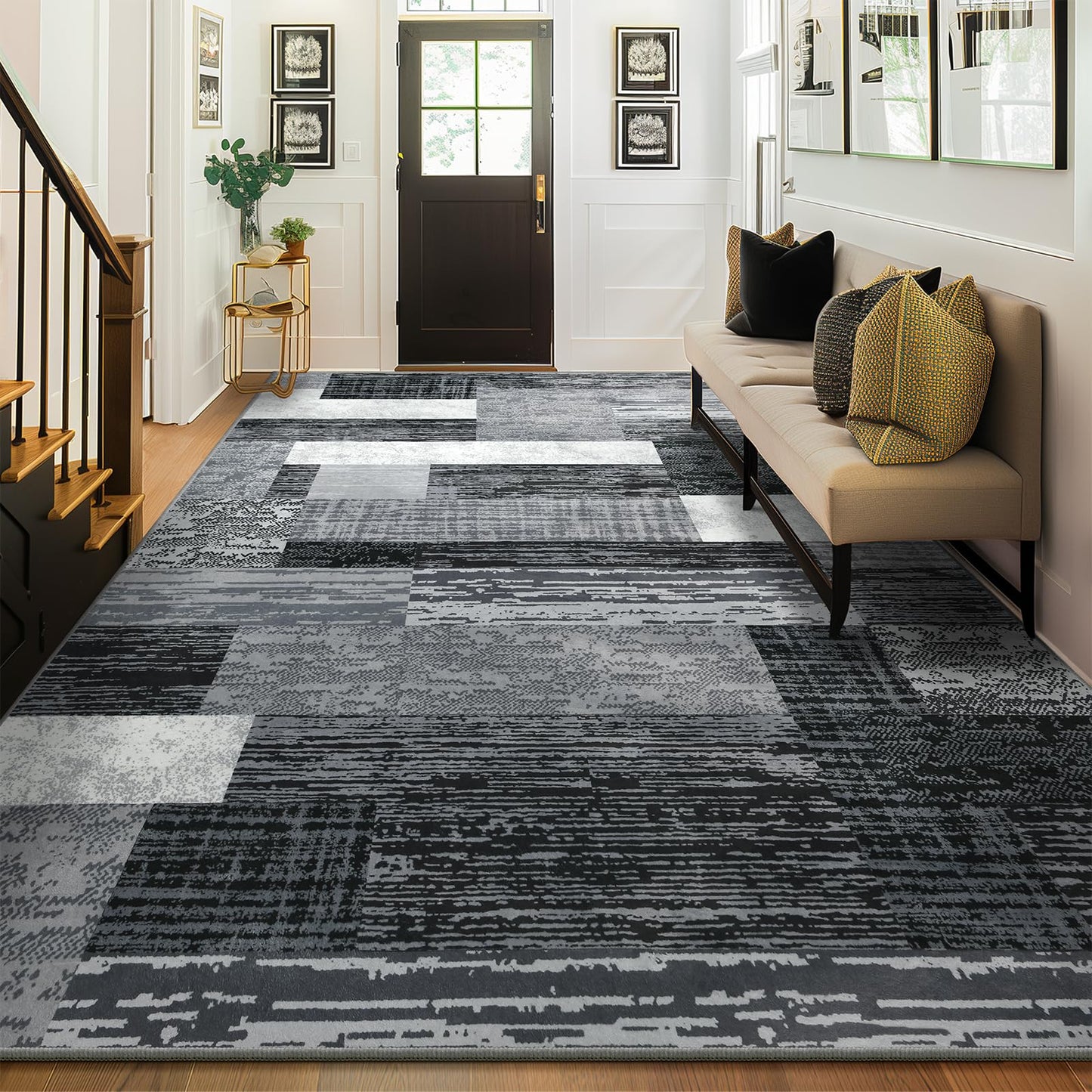 Large Area Rugs,Modern Geometric Patchwork Floor Decor for Bedroom Aesthetic Carpet, Rockwood Collection, Indoor Rugs for Living Room, Dining Room, Nursery, Office, Machine Washable Rug,6x9 Ft Grey
