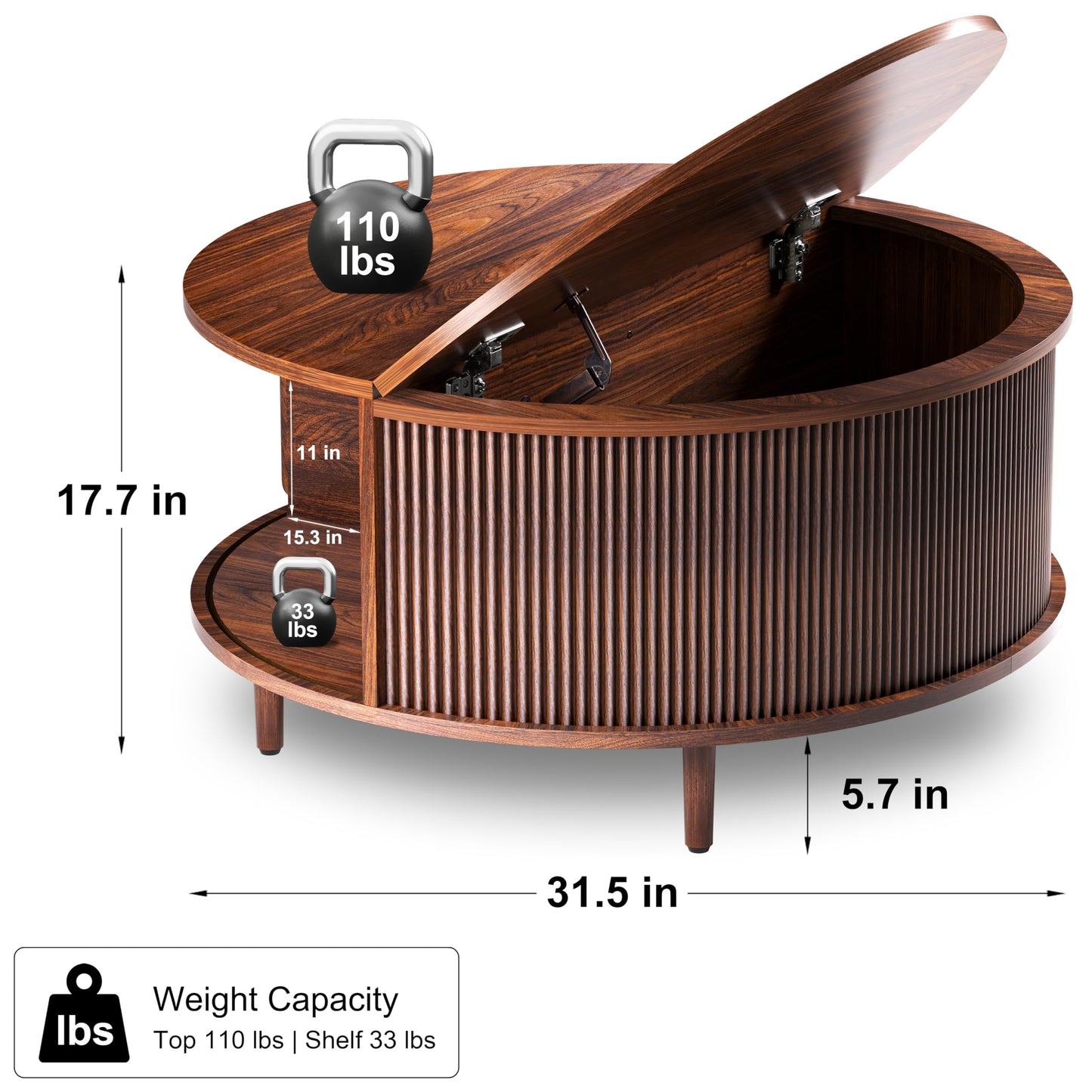 Round Coffee Table, 31.5" Fluted Center Table with Storage, Lift-Top Coffee Table with Adjustable Footpads, Sliding Door, Mid-Century Modern Center Table for Living Room, Small Space (Warm Walnut)