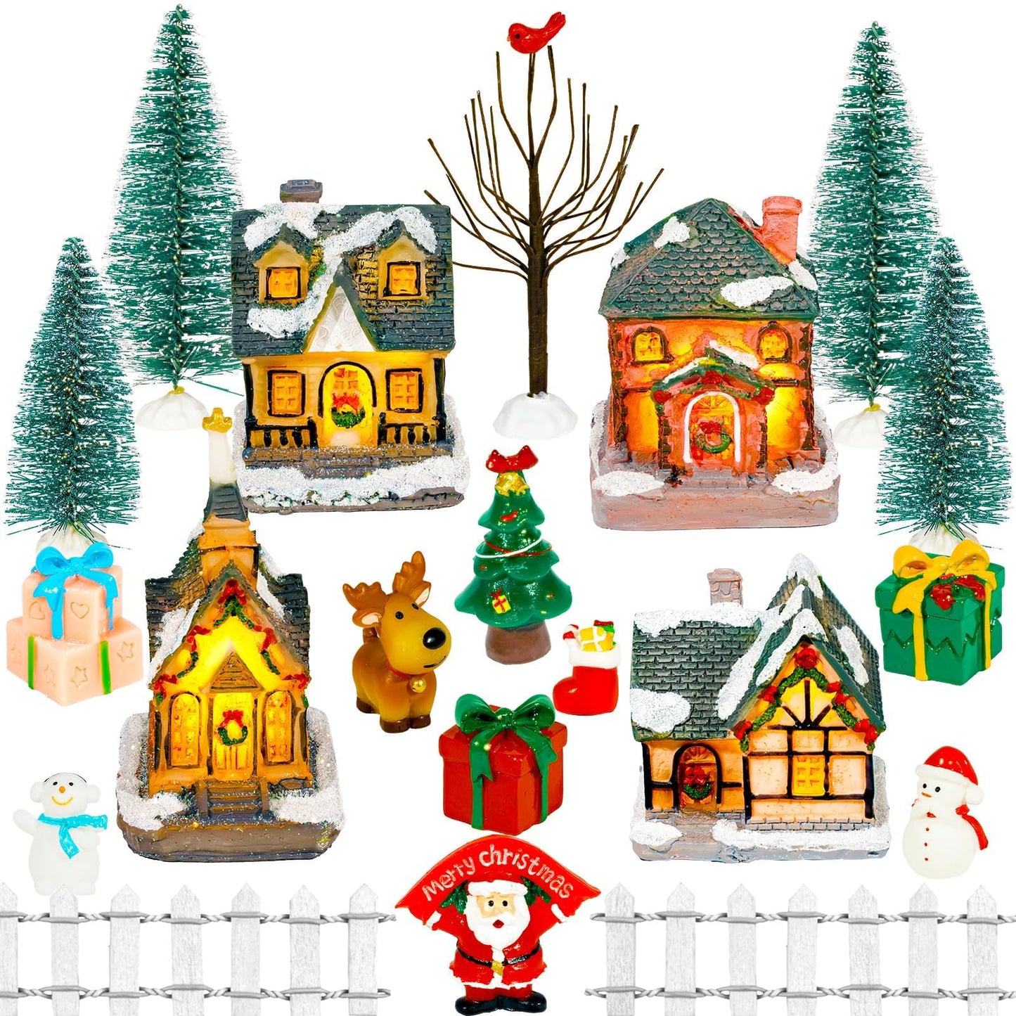 Warmtree 22 Pcs Christmas Village Houses Set, Resin Christmas Scene Village Town, Santa Tree Picket Fence Snow Figurines Accessories for Holiday Home Garden Office Festival Decor