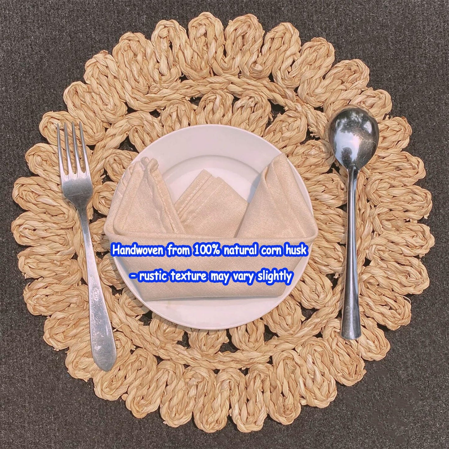 DELAQIKO 13.8" Round Corn Husk Placemats | Boho Woven Rattan Table Mats | Natural Spring Farmhouse Plate Chargers | Handmade Rustic Wicker Place Mats for Christmas Wedding (Set of 4)
