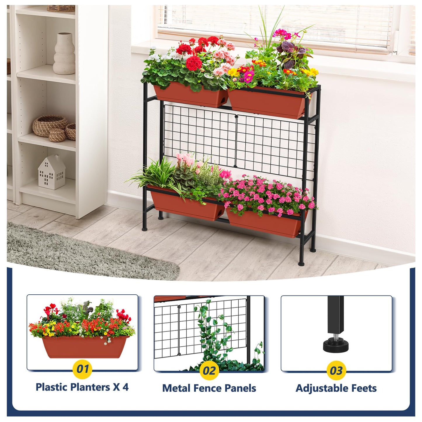 Raised Garden Beds Outdoor Elevated Planter Boxes with Trellis Herb Garden Planter Outdoor Raised Flower Boxes with Legs for Vegetable Patio Balcony Porch, Brick Red