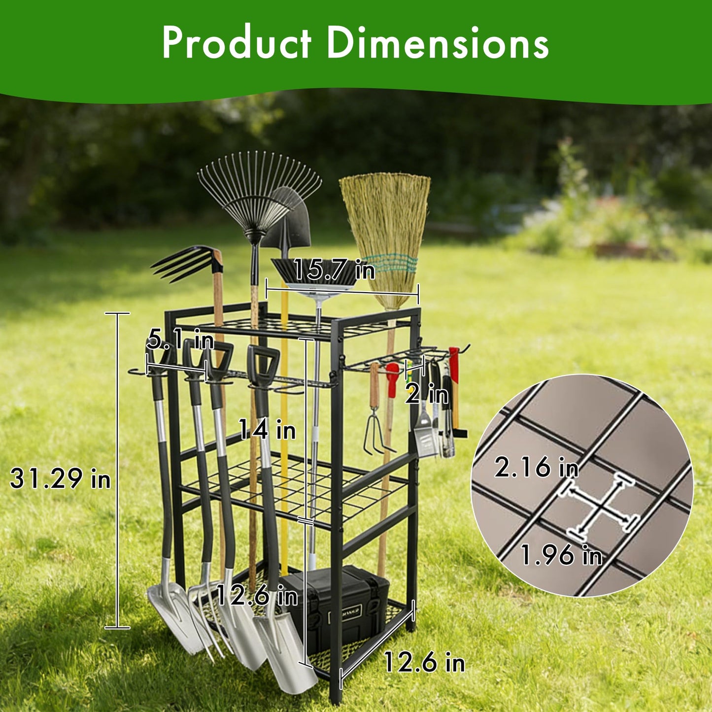 Garden Tool Organizer - 70-Hole Garage Storage Rack with Adjustable Feet & T-Handle Hooks, Broom/Mop Holder for Yard, Shed, Multi-Scene Use, No-Tool Assembly,Rack for Garage Organization Black