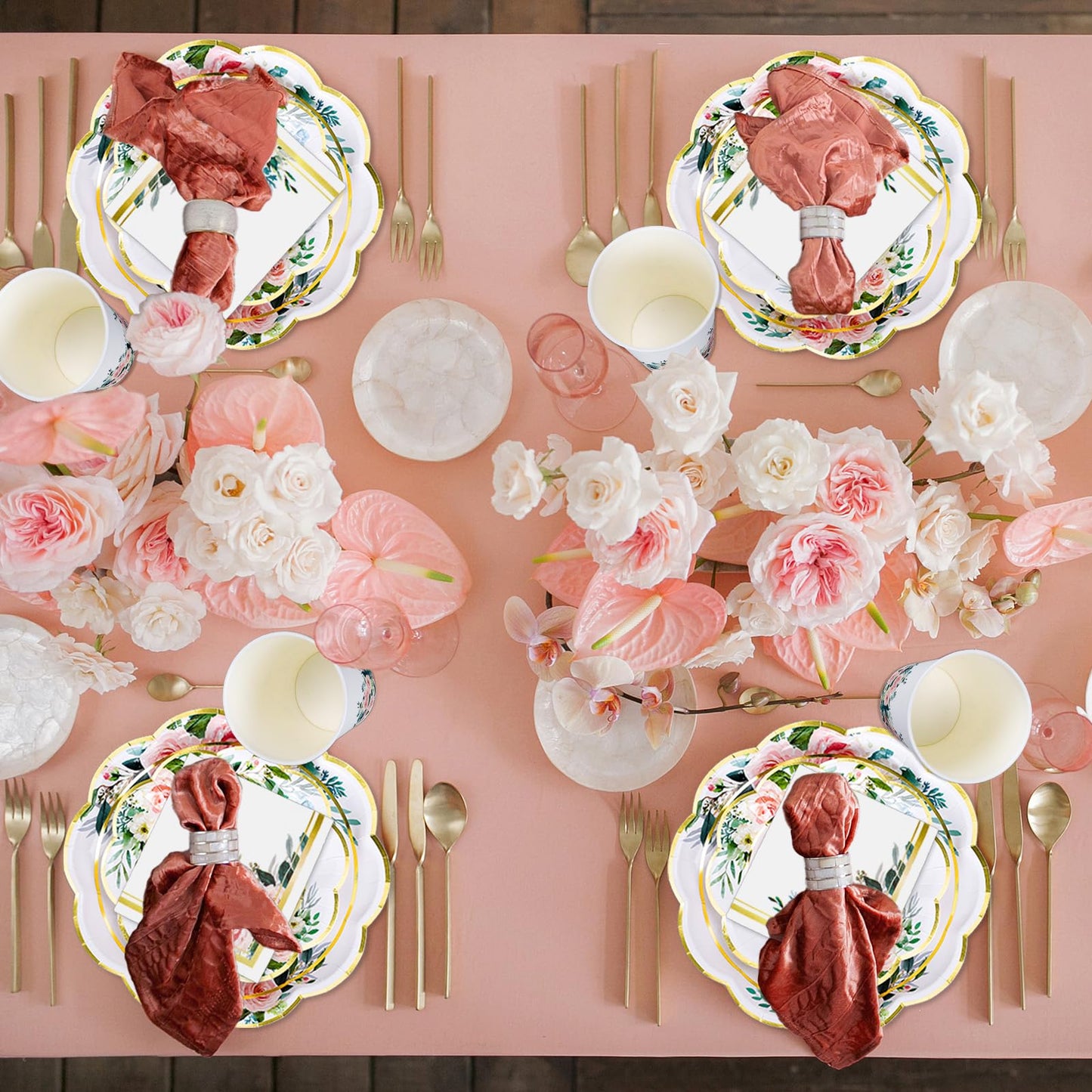 Whaline 100Pcs Pink Floral Paper Tableware Set Spring Flower Gold Foil Disposable Dinnerware Scalloped Plates Napkins and Cups for Wedding Birthday Baby Bridal Shower Party Supplies Table Decor