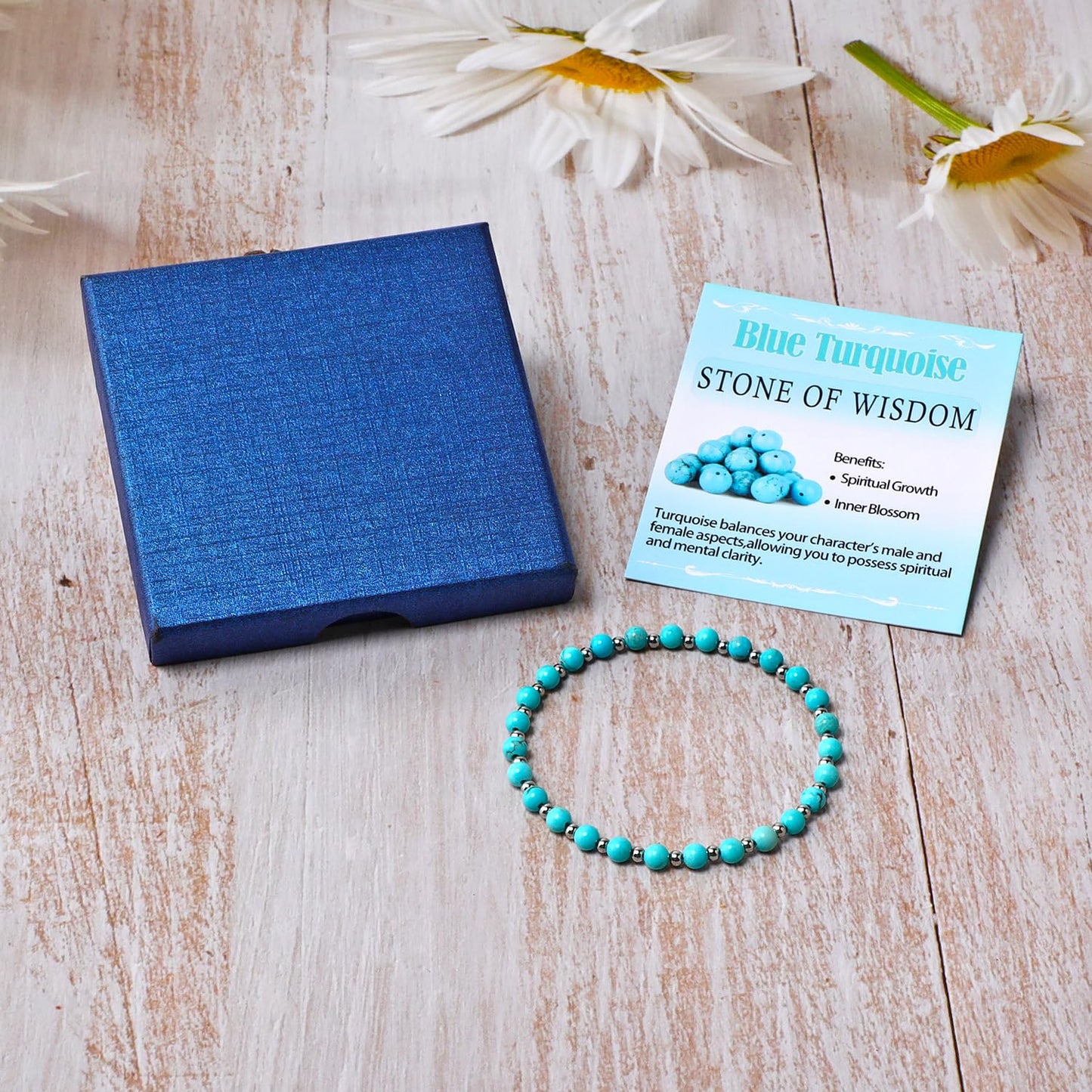 QOGIR Blue Turquoise - Stone of Wisdom - Stainless Silver Beads Natural Gemstone Stretch Elastic Dainty Healing Beaded Bracelets Gifts 4mm